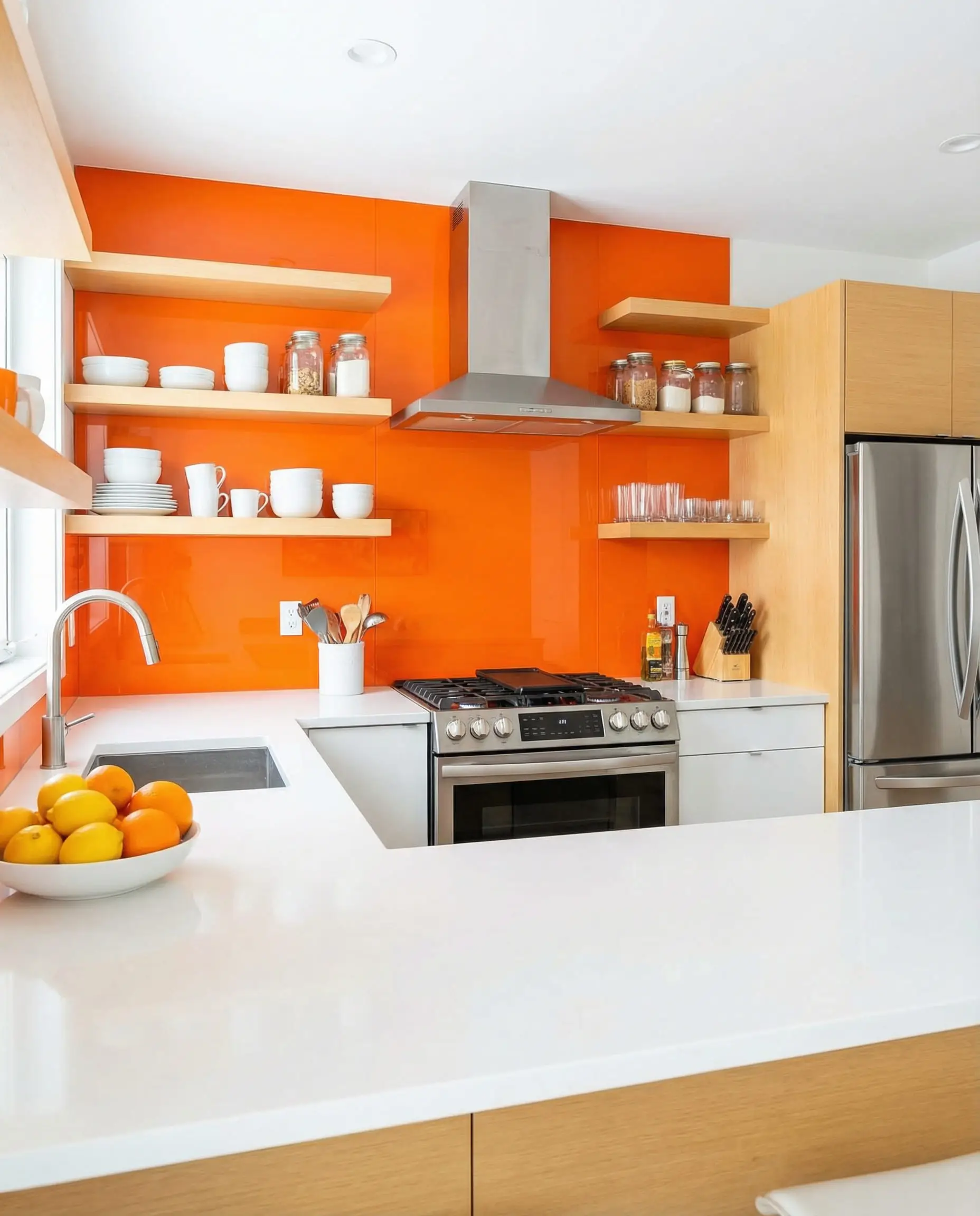 Modern kitchen featuring a vibrant tangerine orange accent wall behind open wooden shelving and white quartz countertops.