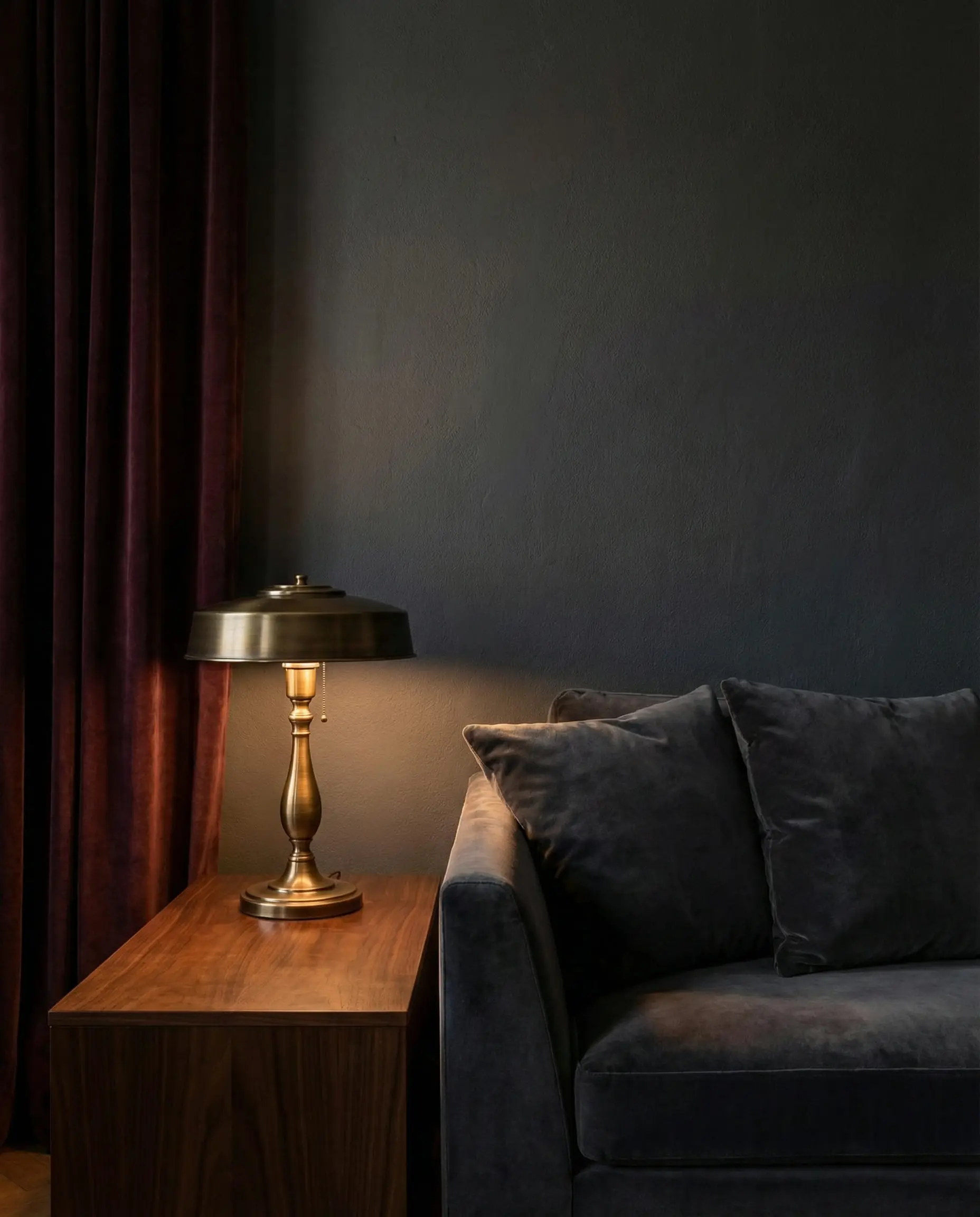 Moody interior with matte charcoal grey walls and rich burgundy velvet curtains.