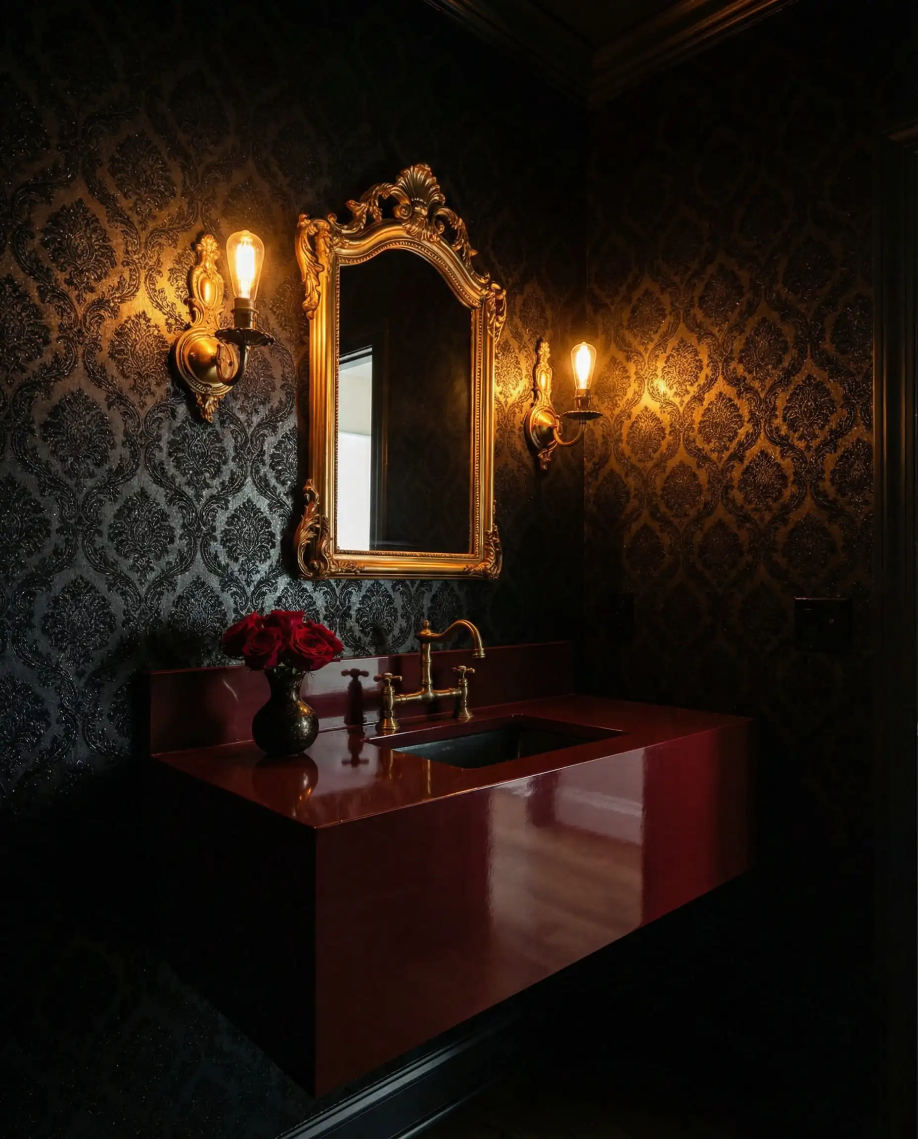 Dramatic powder room with black textured wallpaper and a high-gloss burgundy vanity.