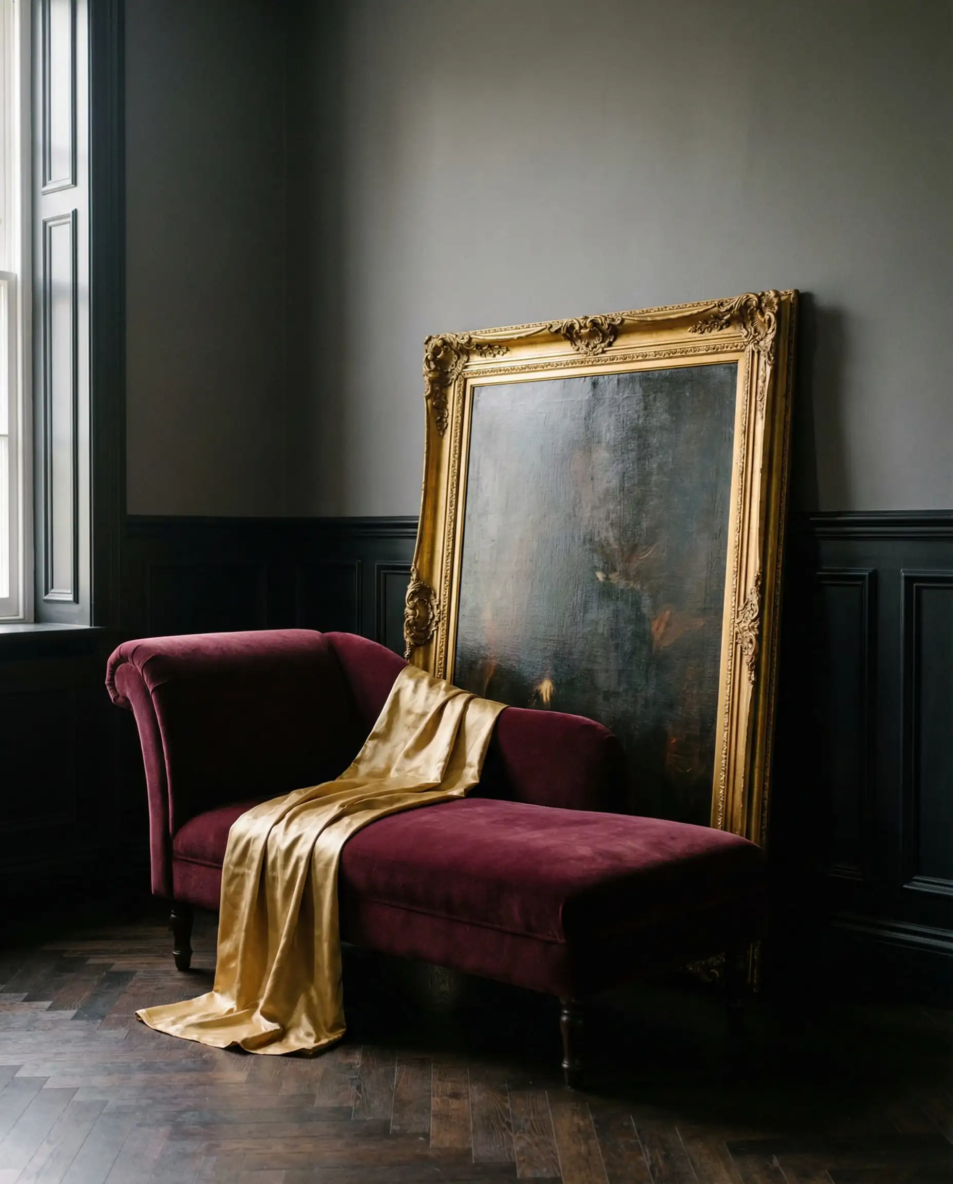 Elegant burgundy velvet chaise lounge in a room with black wainscoting and gold art frames.