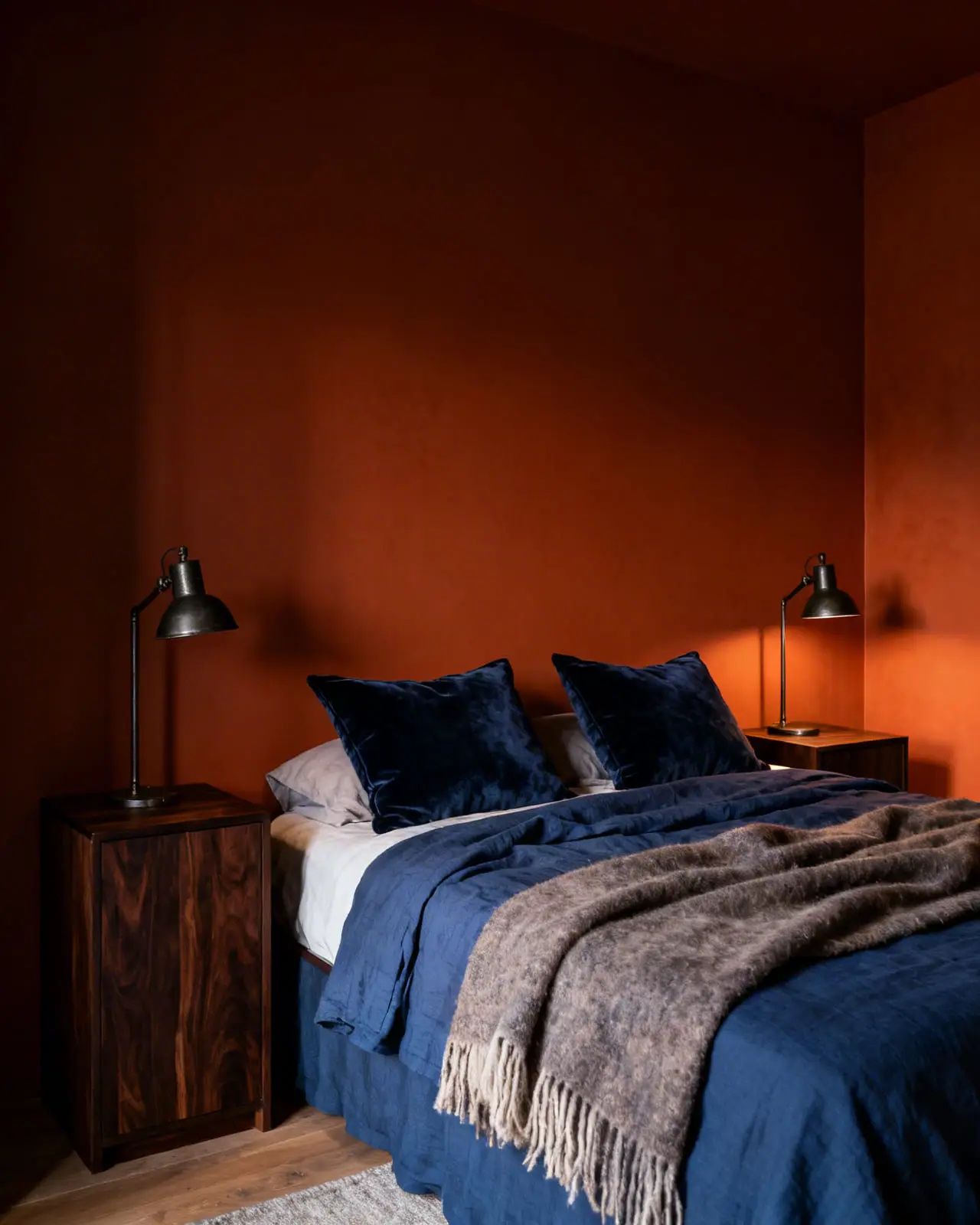 Master bedroom with burnt sienna walls and a bed dressed in rich indigo blue linen duvet covers and wool throws.