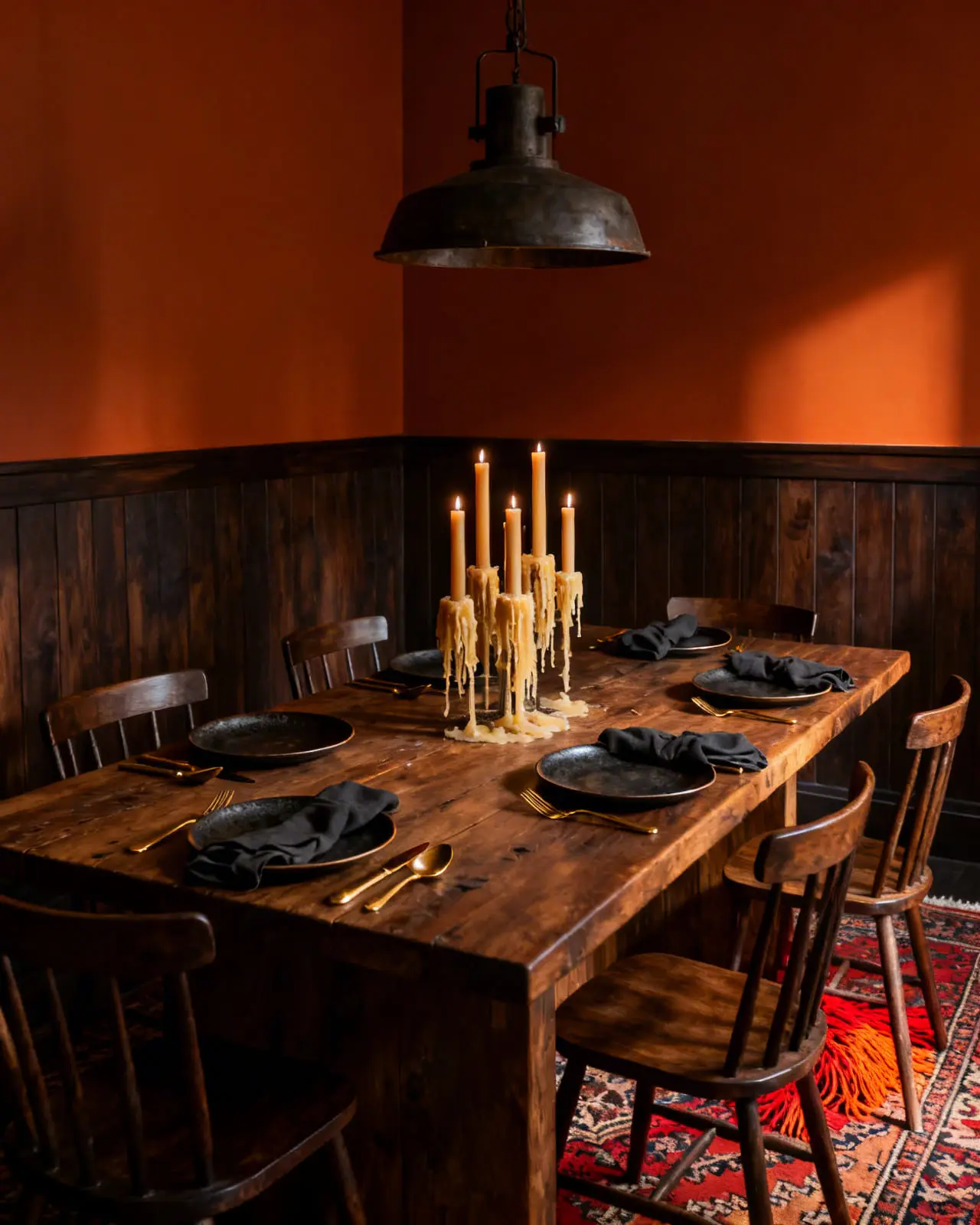 Dramatic dining room with dark burnt orange walls above dark walnut wainscoting, featuring a heavy wooden table and candlelight.