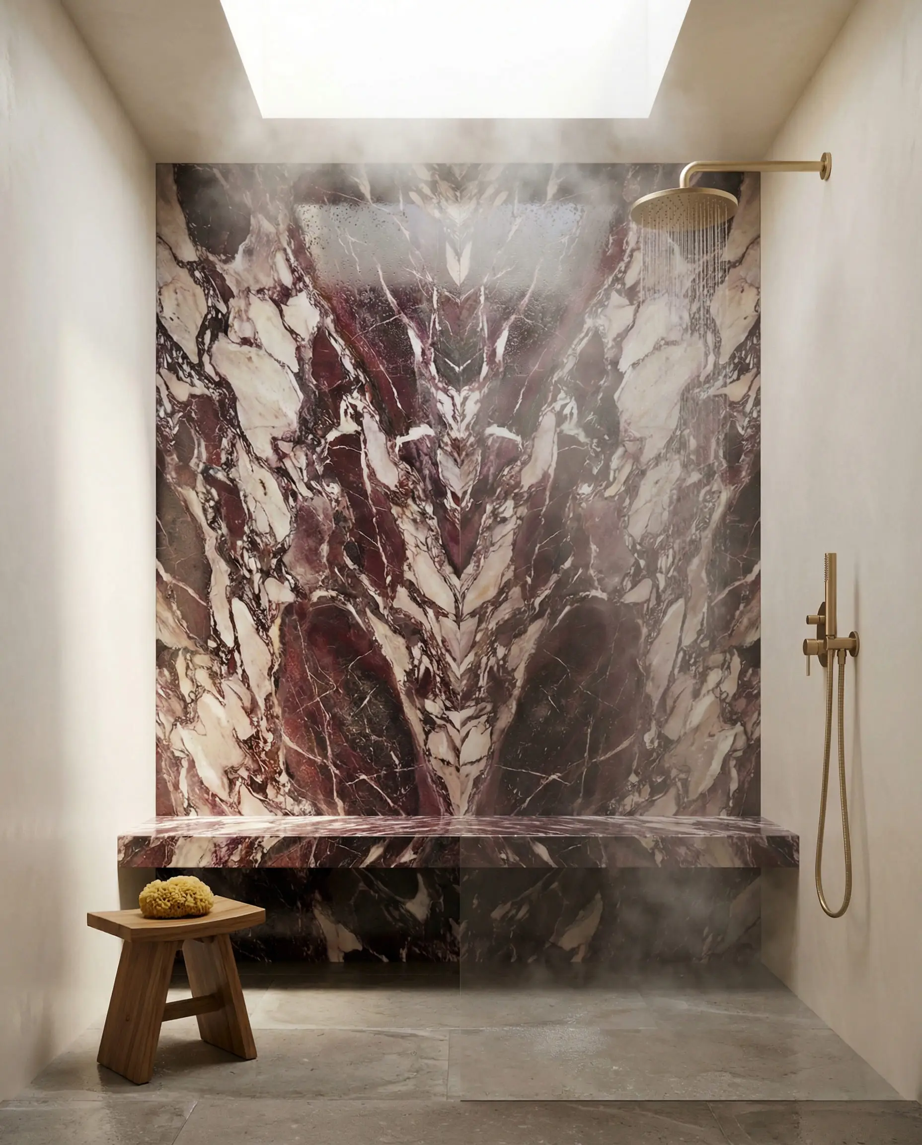 Walk-in shower featuring a massive book-matched slab of Calacatta Viola marble as the back accent wall.