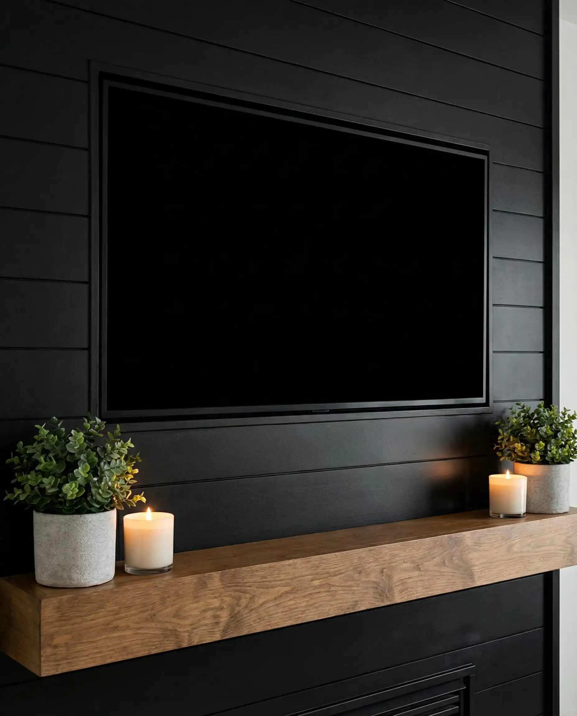 Samsung Frame TV turned off, blending seamlessly into the matte black shiplap wall behind it.