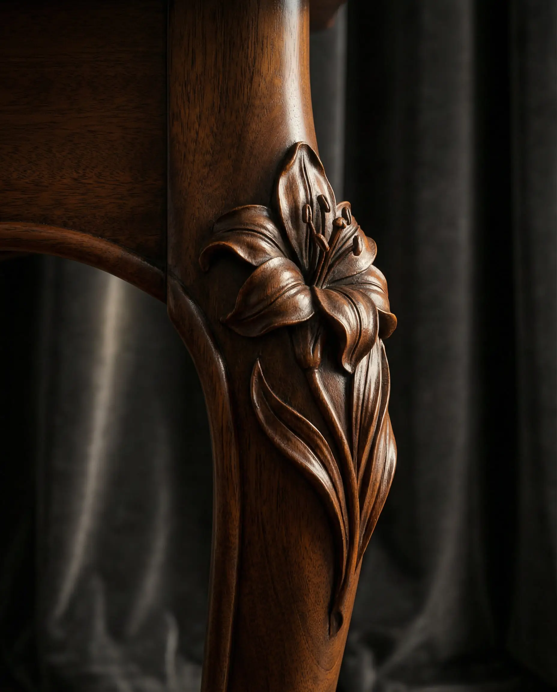 Detailed macro shot of a mahogany furniture leg carved into a stylized lily flower, showing exquisite craftsmanship and wood texture.