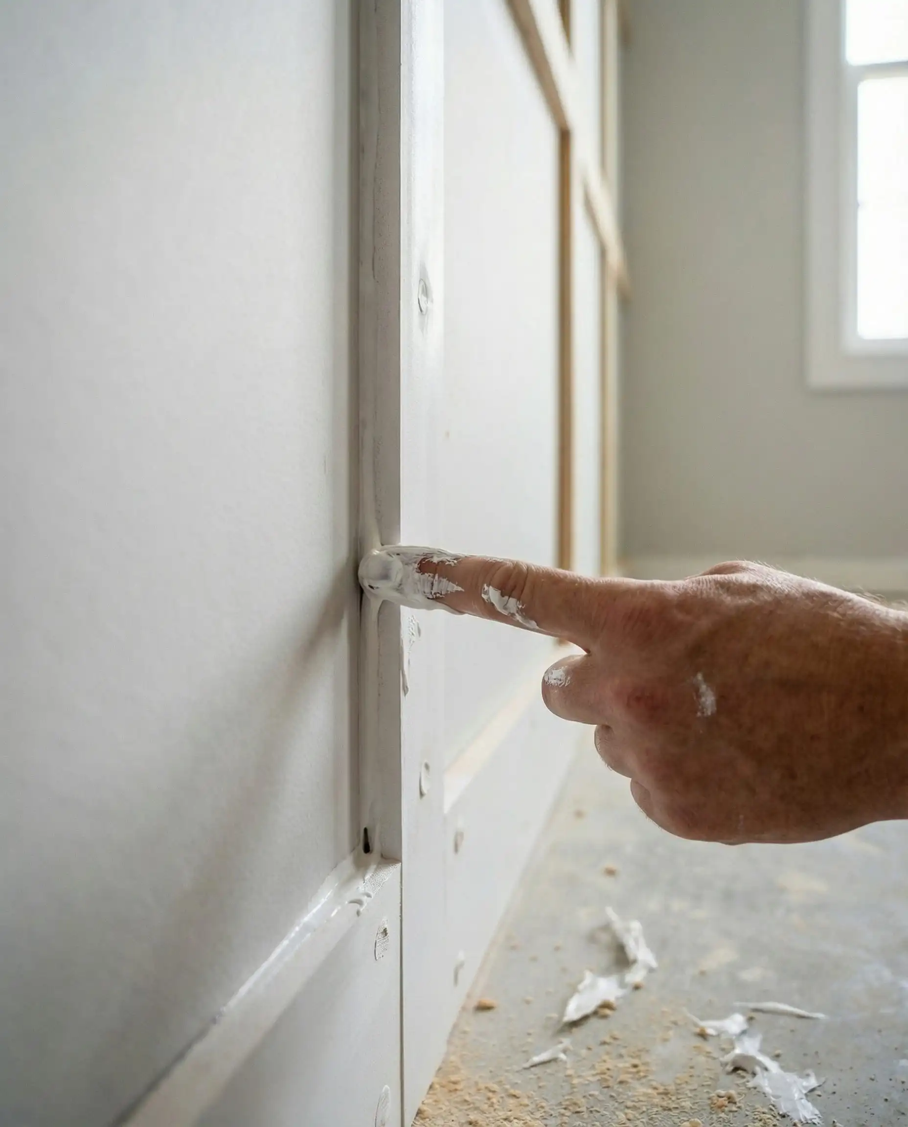Close up of finger smoothing white caulk into the seam between the batten and the wall.