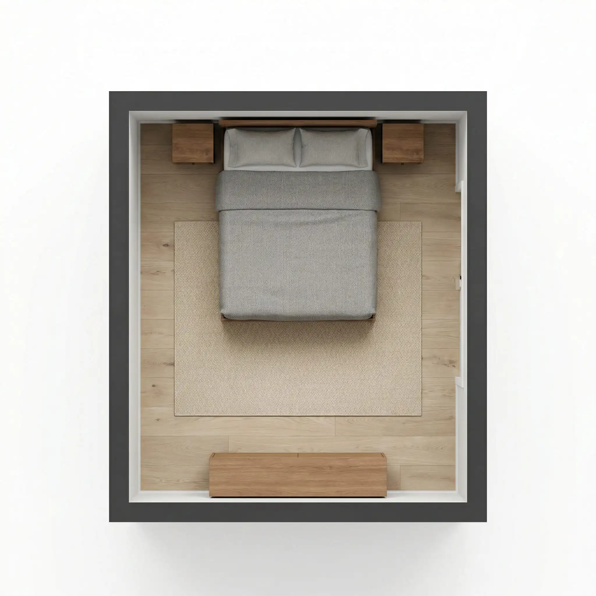 Top-down 3D floor plan of a 10x12 bedroom with a Queen bed centered on the long wall.