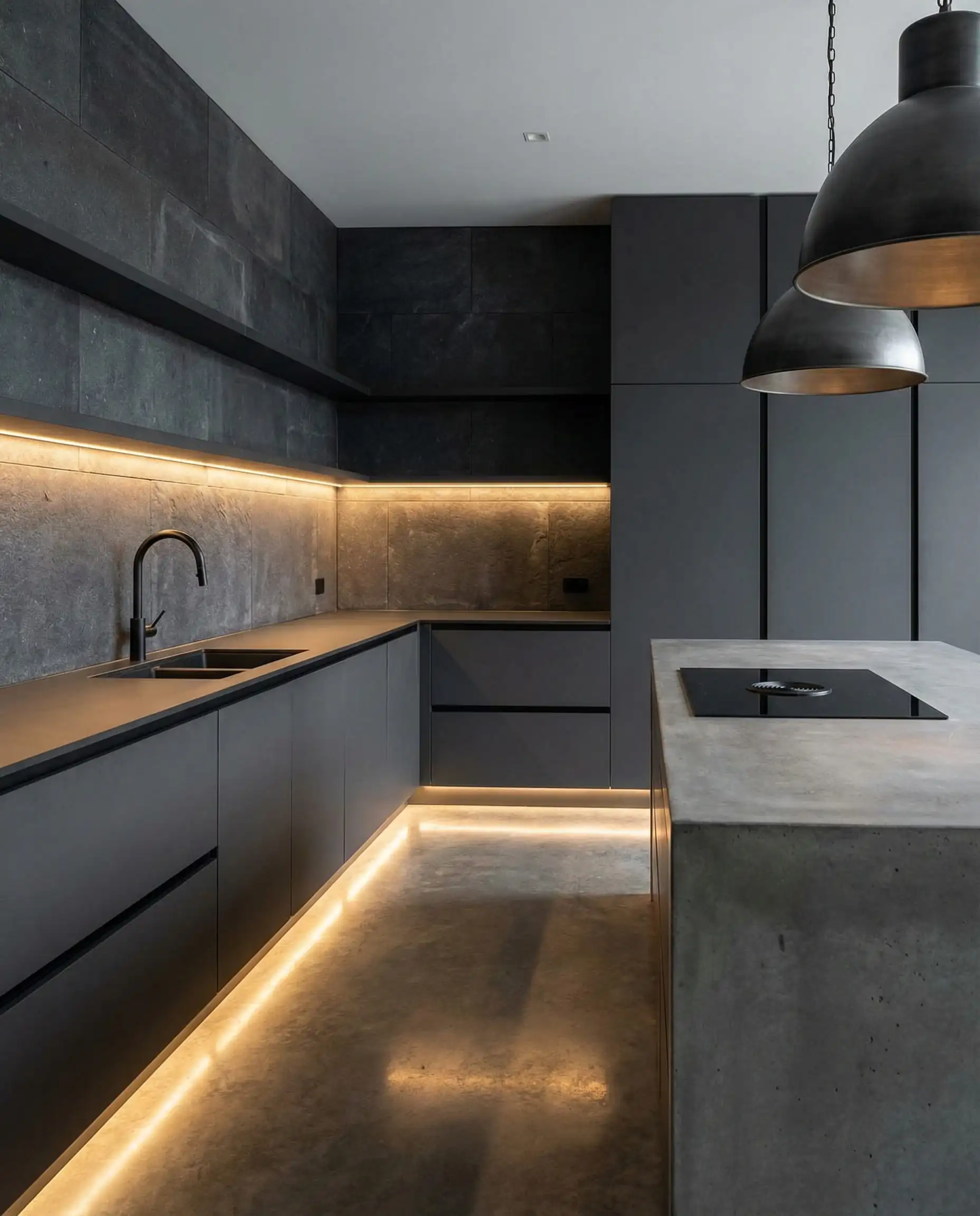 Sleek industrial kitchen with matte charcoal cabinets and matching textured charcoal limestone walls.