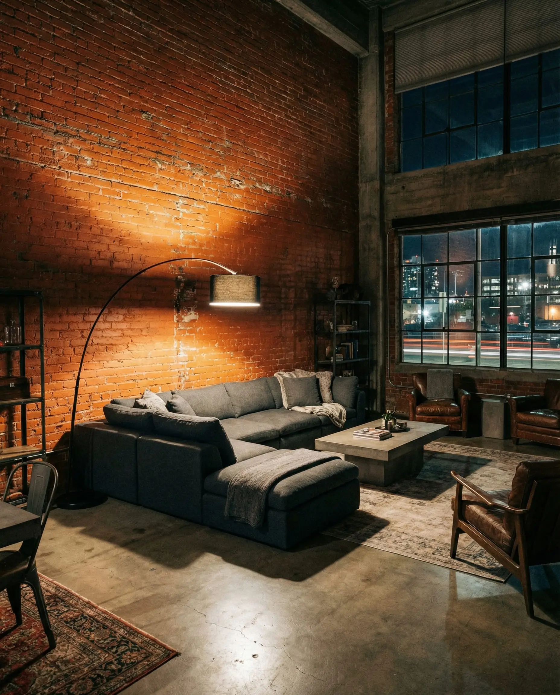 Industrial loft living room with exposed brick painted burnt orange, paired with a modern charcoal grey sectional sofa.