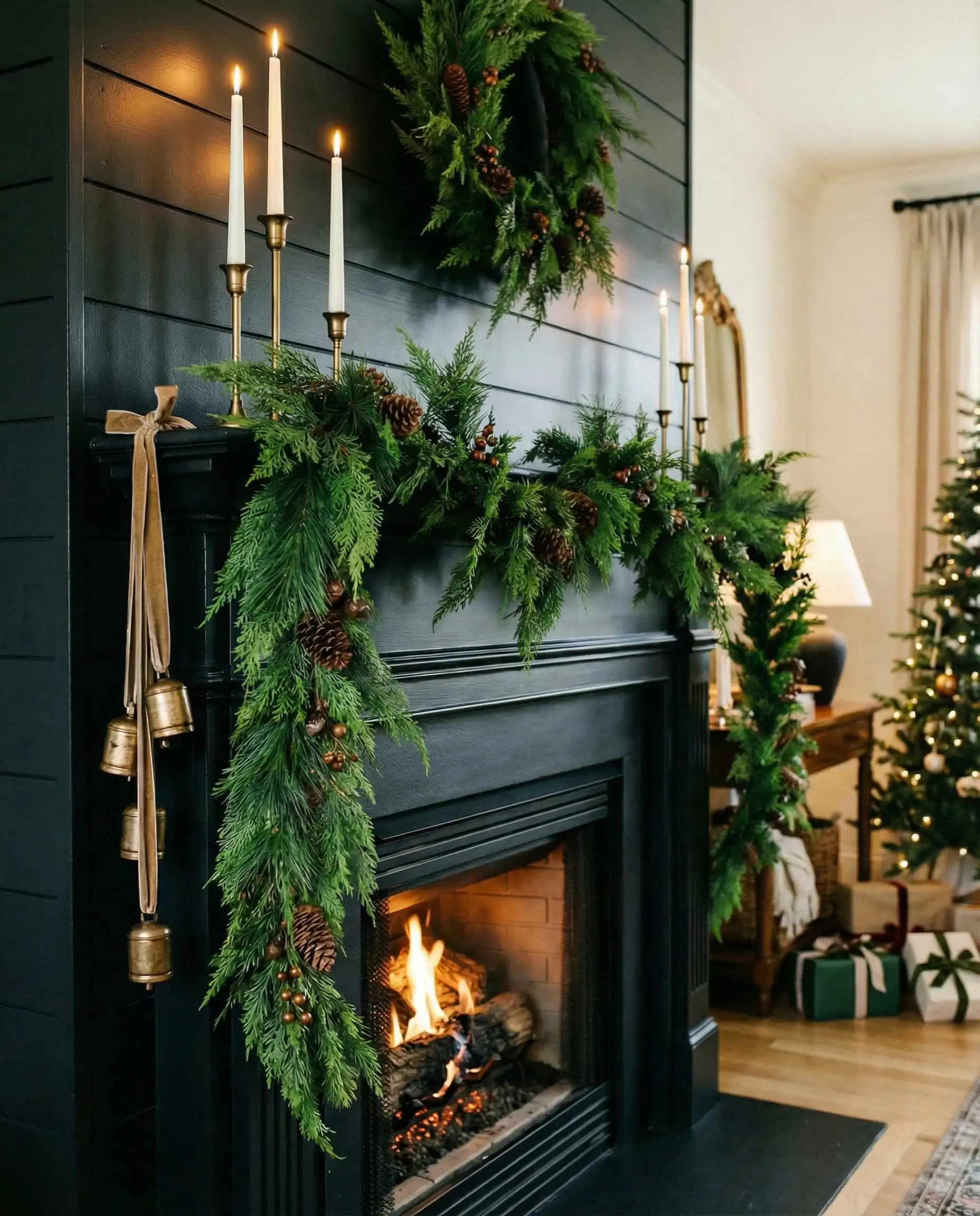 Holiday styling with lush green cedar garland and gold bells on a black fireplace.