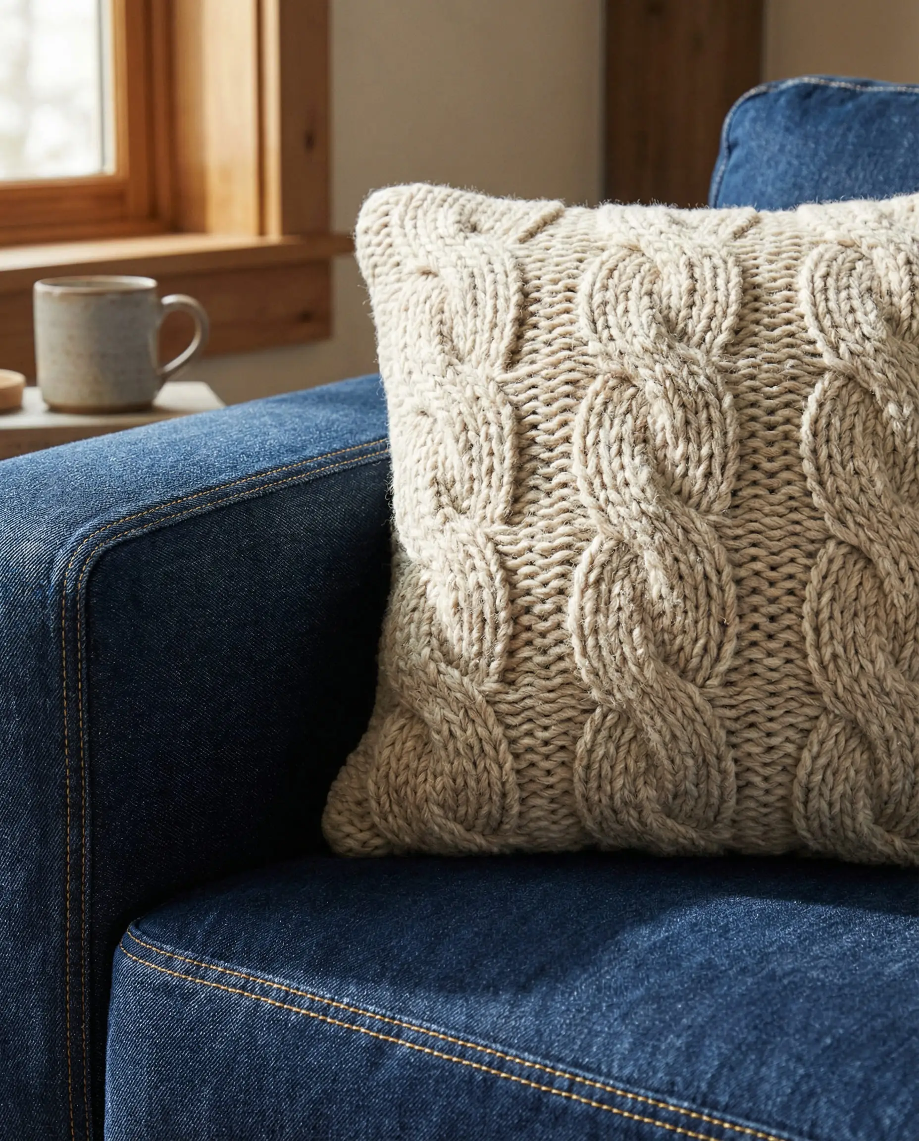A large oatmeal-colored chunky cable knit pillow styled on a deep indigo denim blue sofa.