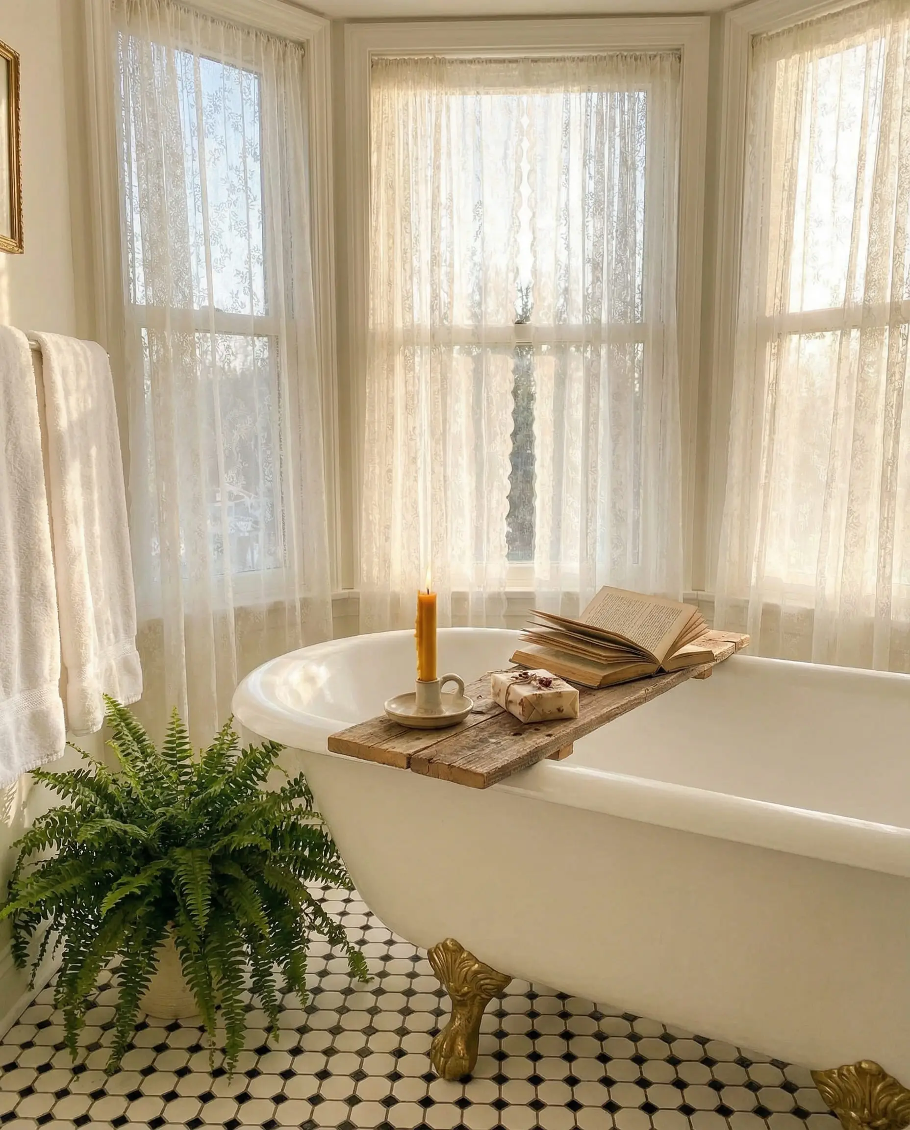Classic white clawfoot tub with gold feet set in a bright bathroom with sheer lace curtains.