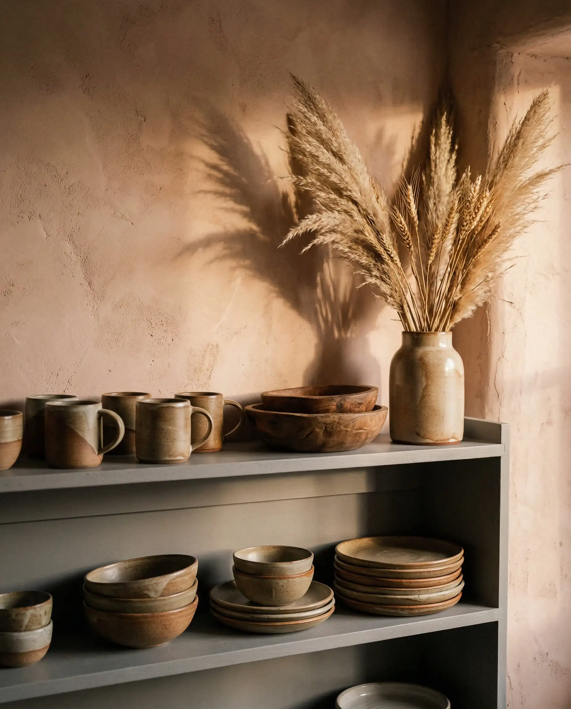Detail of handmade pottery on a gray shelf set against a soft clay-pink textured wall.