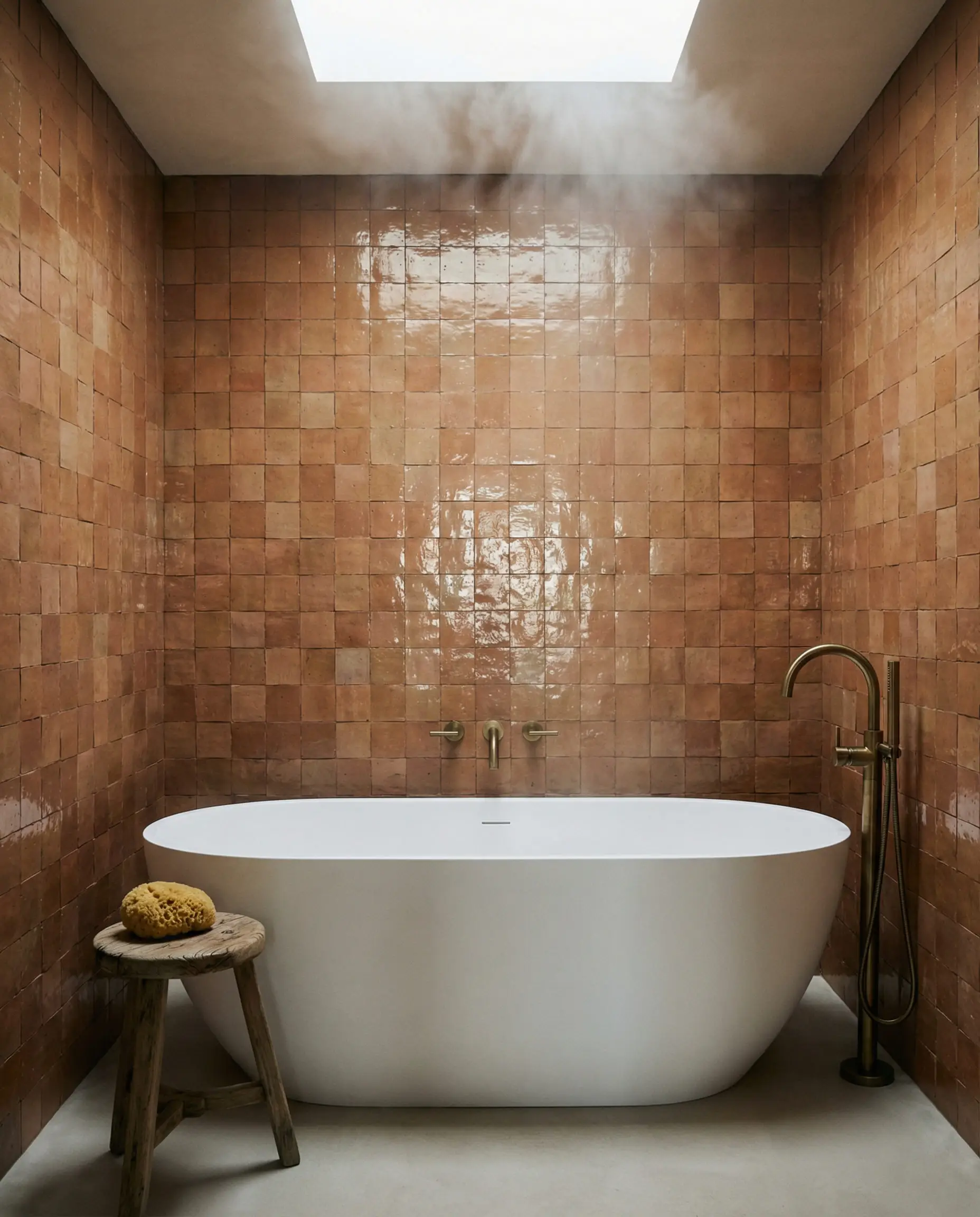 Spa-like bathroom design featuring walls clad in handmade clay and terracotta Zellige tiles, a white freestanding tub, and brass fixtures.