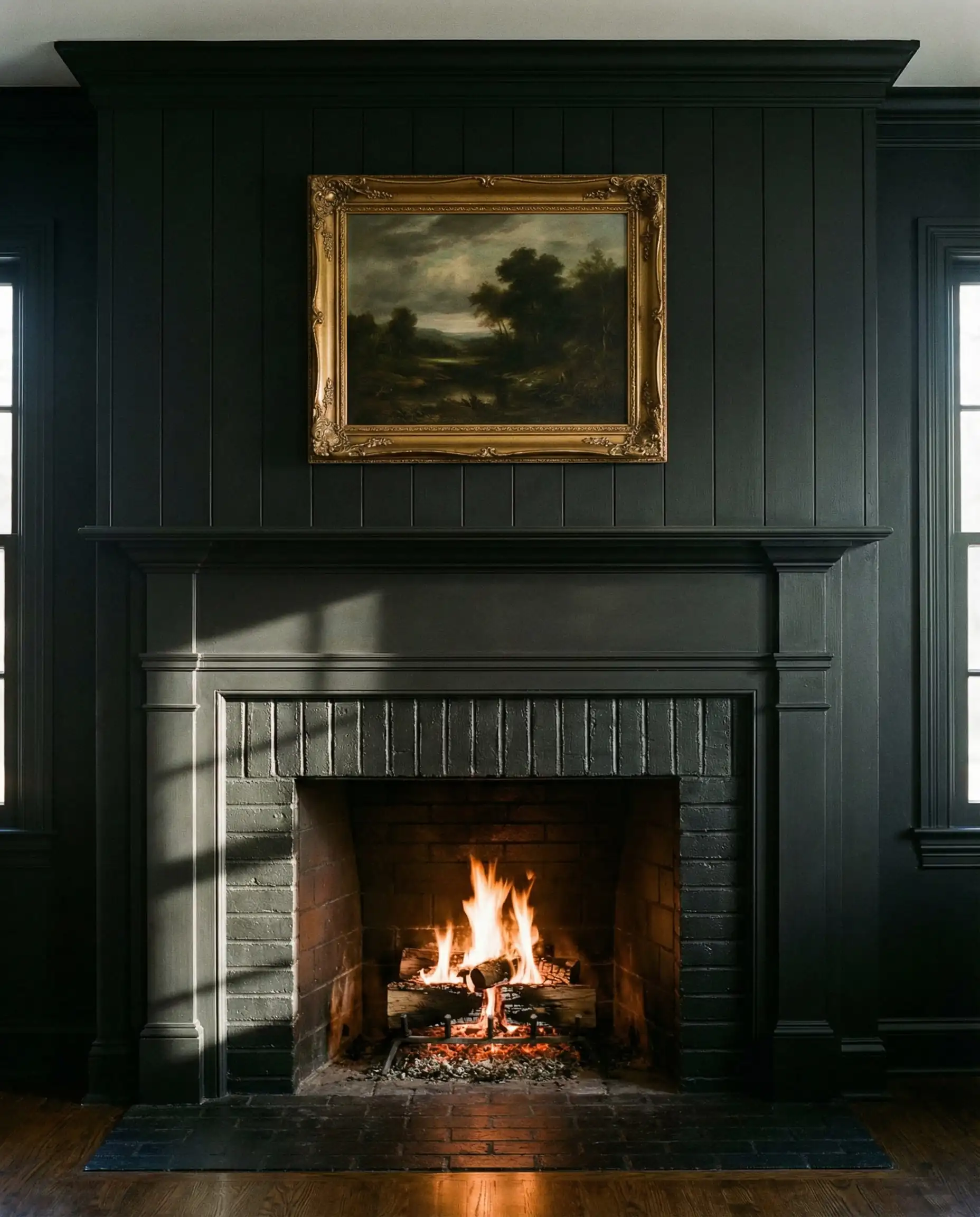 Living room fireplace where the shiplap, mantel, and trim are all painted the same matte black color.