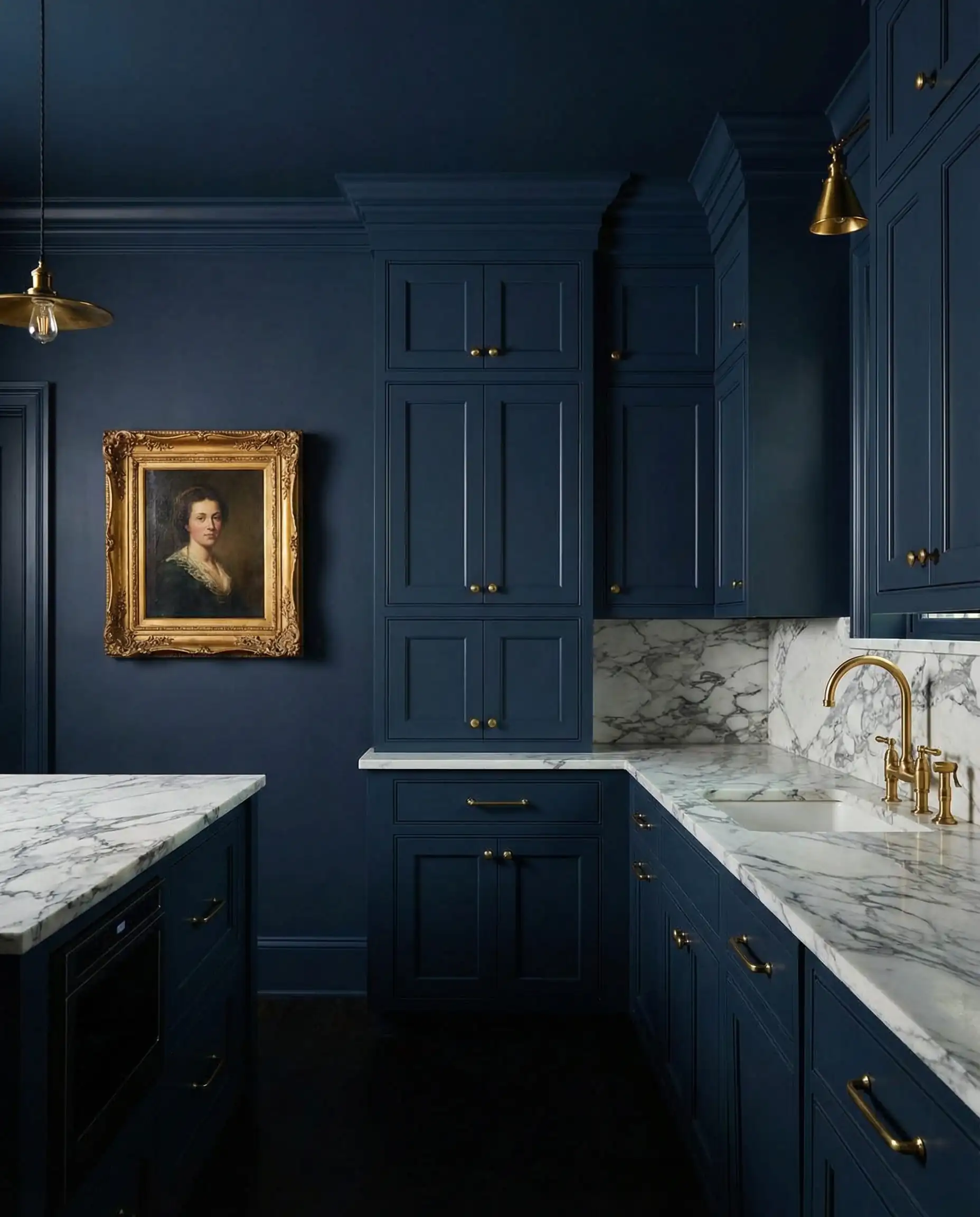 Dramatic kitchen with cabinets, walls, and ceiling all painted in deep navy blue, accented by unlacquered brass.