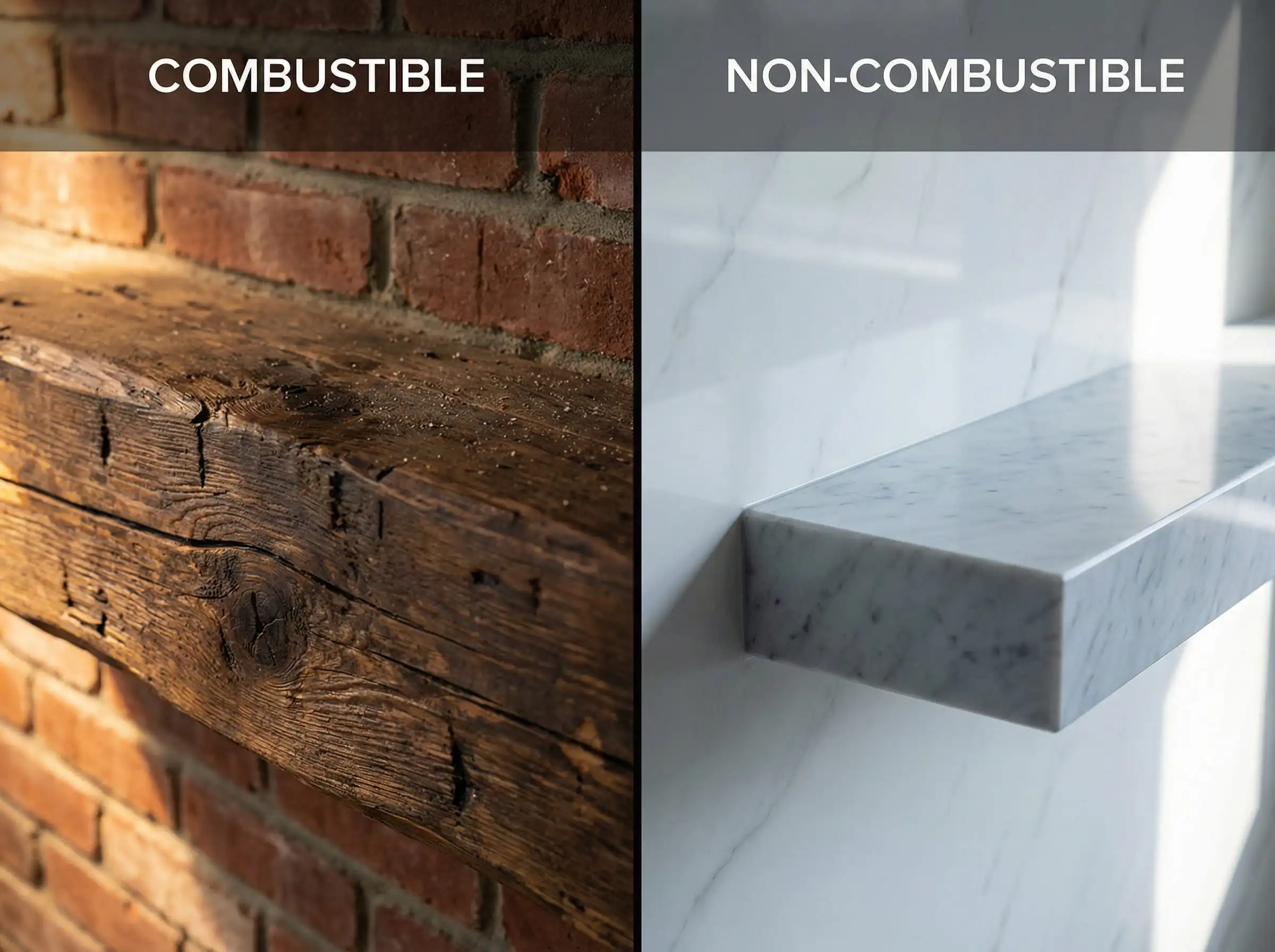 Close-up texture comparison of a combustible rustic wood beam mantel versus a non-combustible honed marble mantel shelf.
