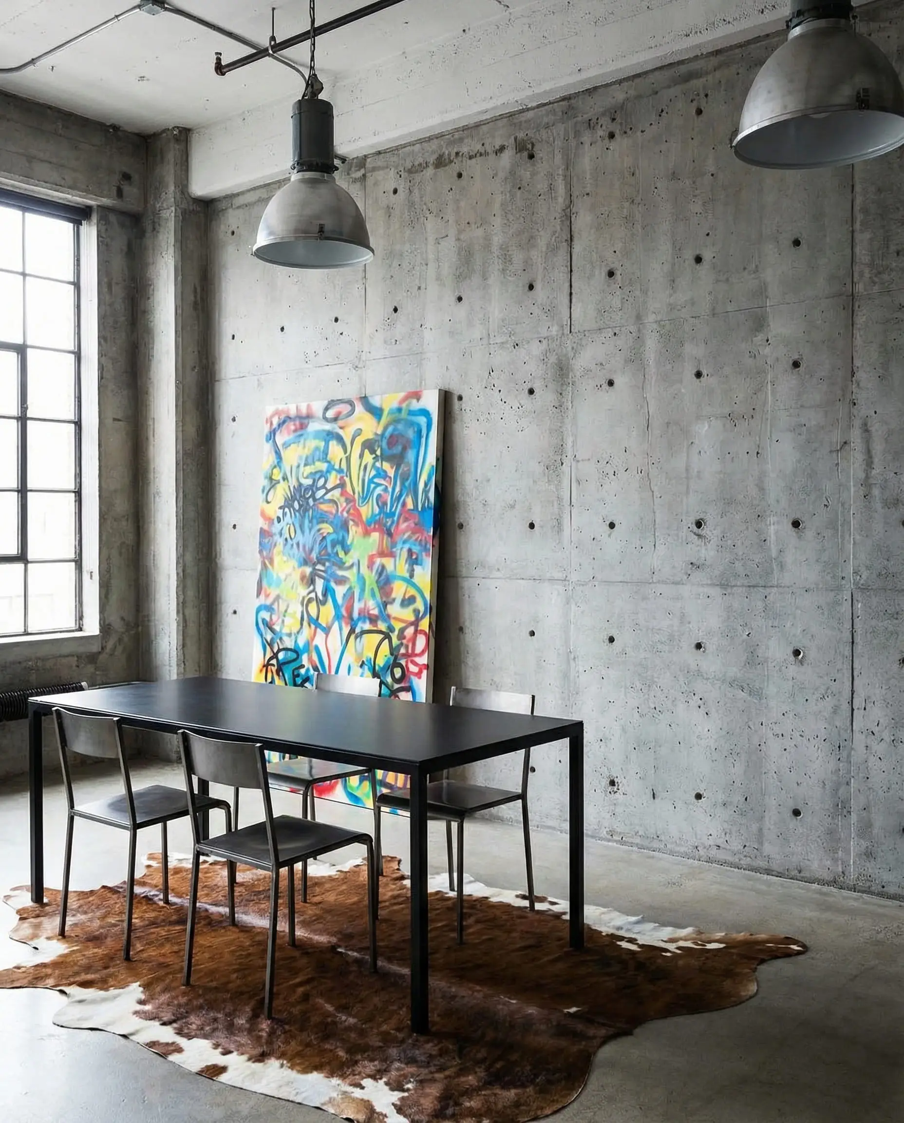 Minimalist industrial dining room with raw concrete walls and a colorful colorful abstract canvas.