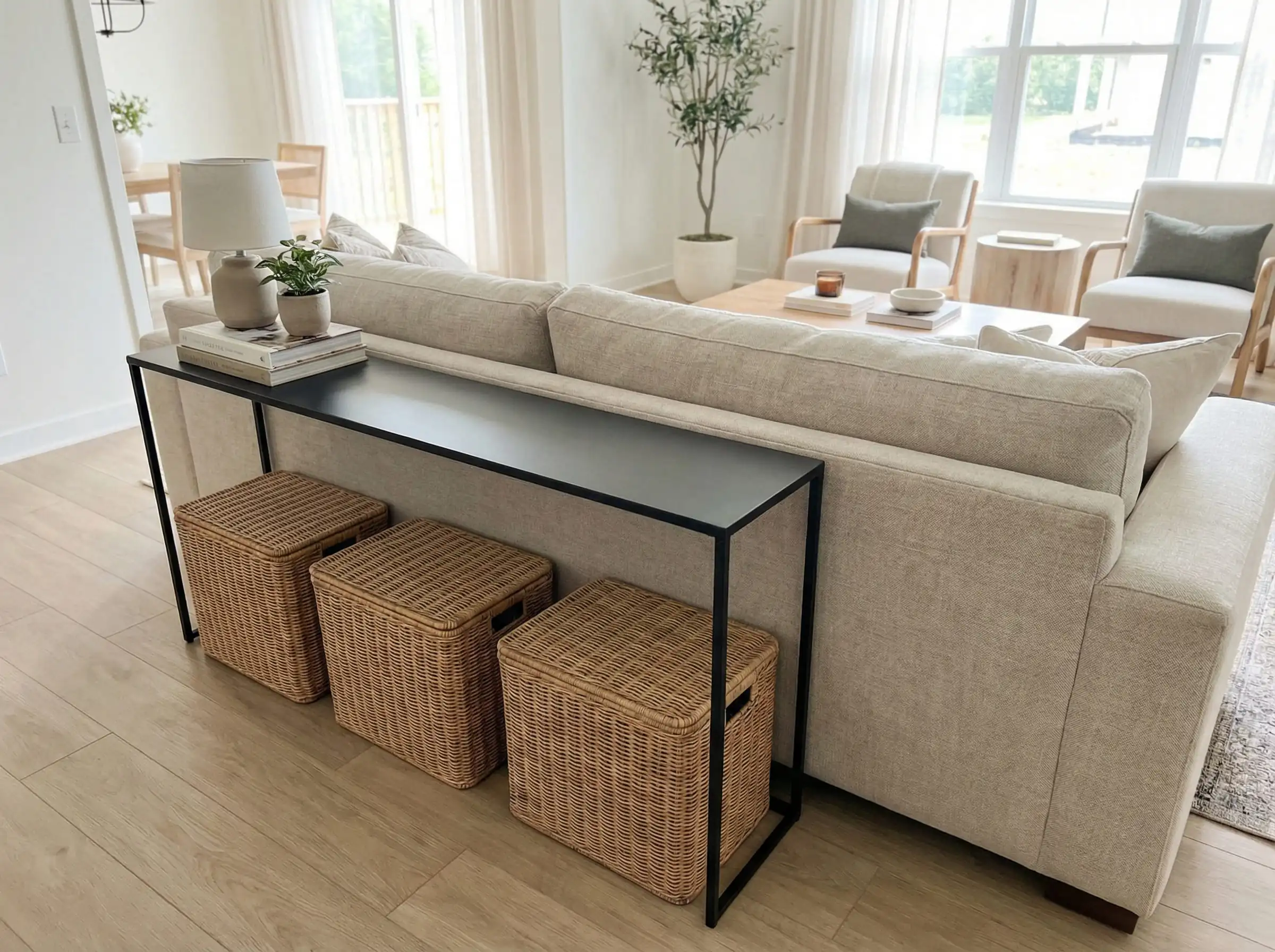 Slim black console table pushed behind a beige sofa with rattan baskets underneath.