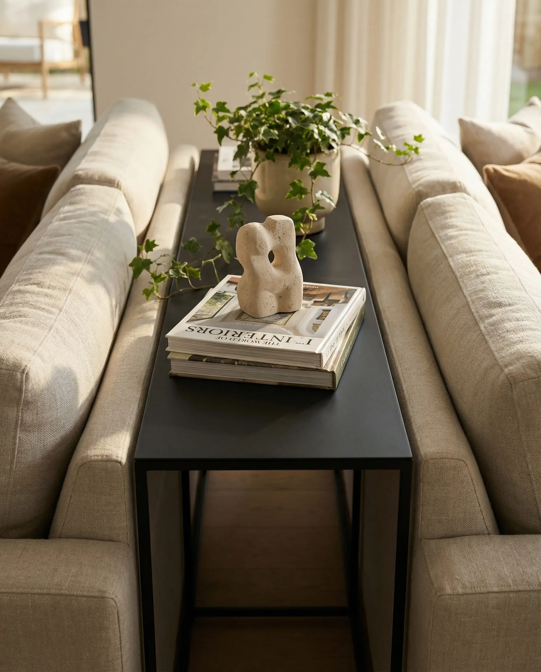 Close-up detail of a slim black console table placed between two back-to-back sofas, styled with books and plants.
