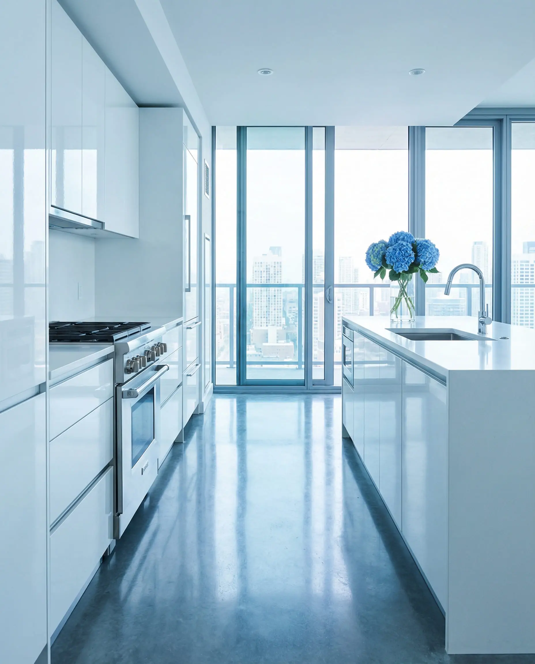 Modern kitchen with polished cool gray concrete floors showing blue undertones, paired with high-gloss crisp white cabinets.
