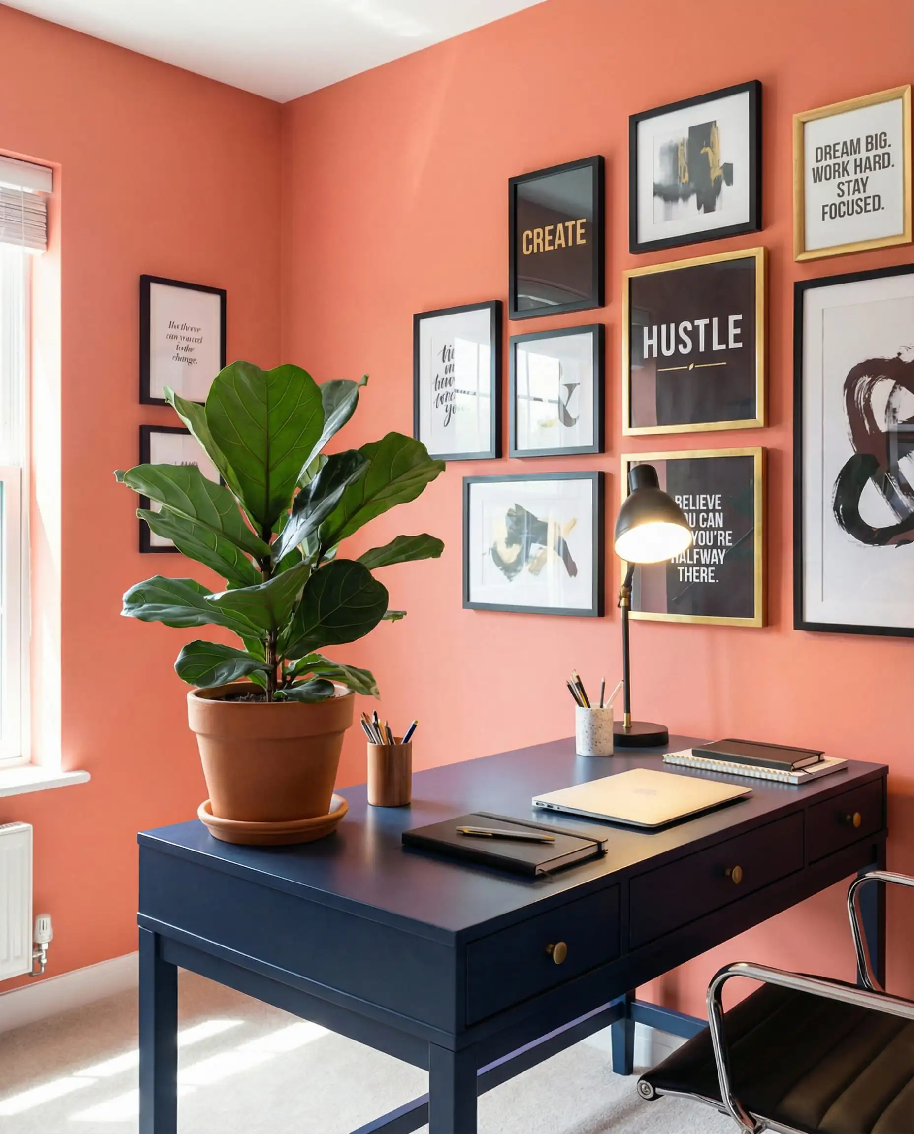 Productive home office space with coral/peach walls, a navy blue desk, and inspirational art.