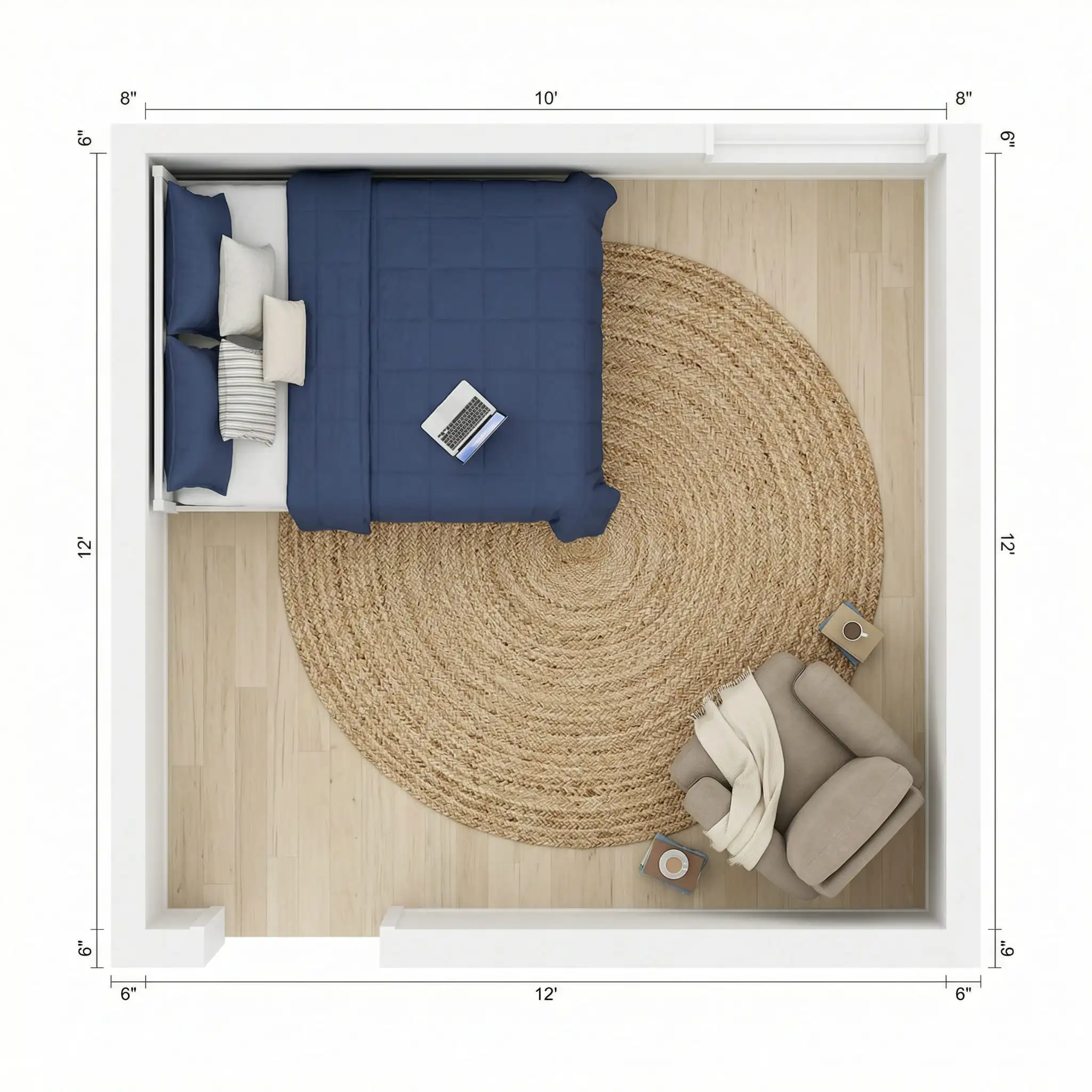 10x12 bedroom floor plan showing the bed pushed into the corner to maximize central floor space.