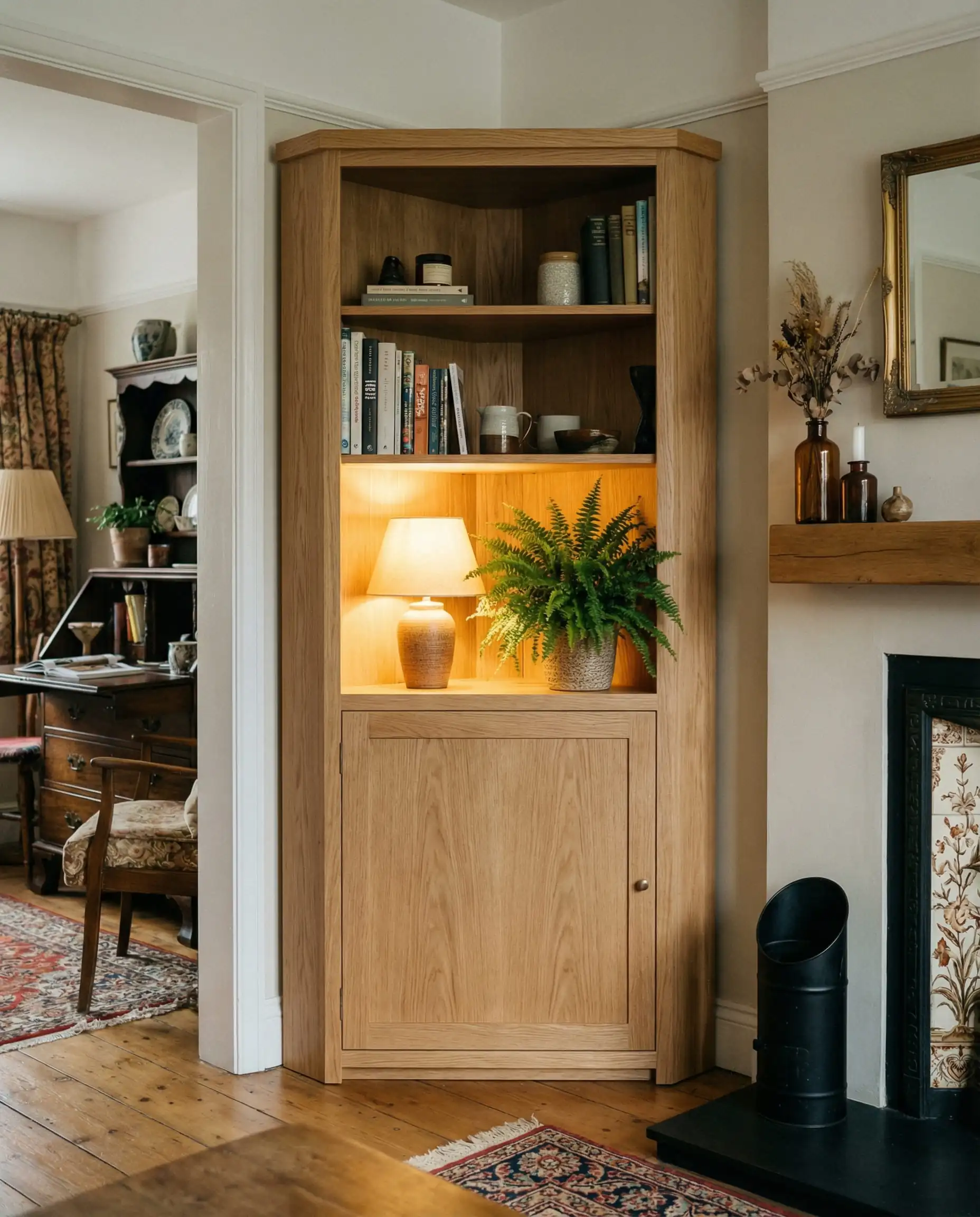 Custom oak triangular cabinet fitting perfectly into a 90-degree living room corner.