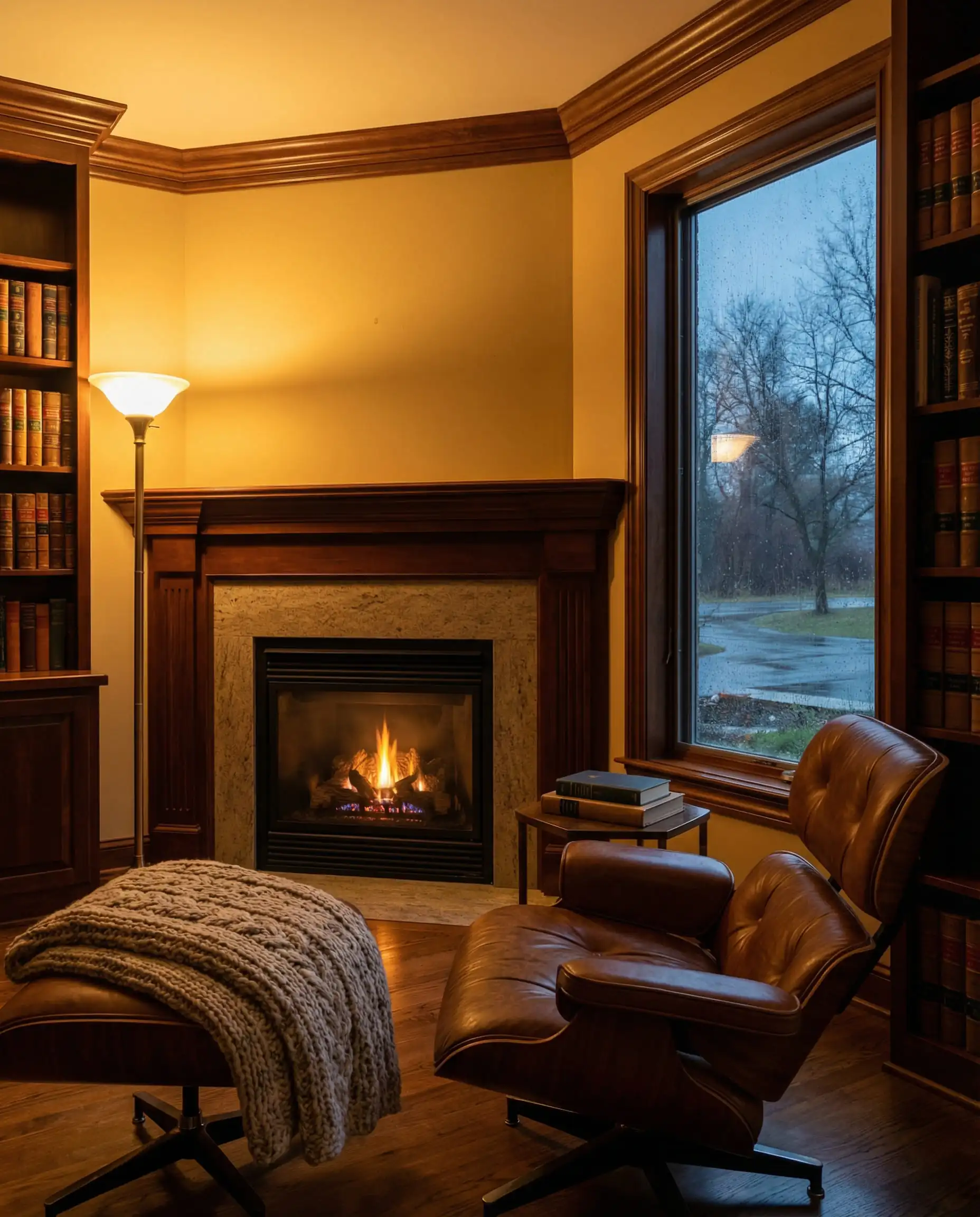 Cozy reading nook featuring a corner fireplace with a custom wood mantel wrapping around the angle.