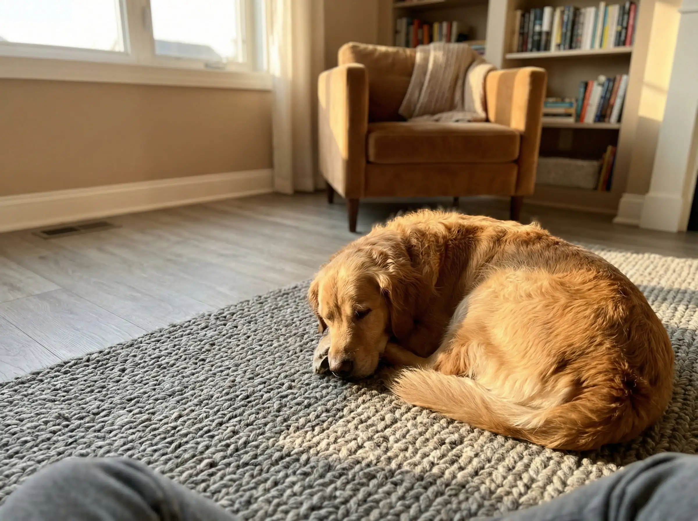 Low angle shot of a golden retriever sleeping on a gray wool rug over light gray oak floors in a sunlit room.