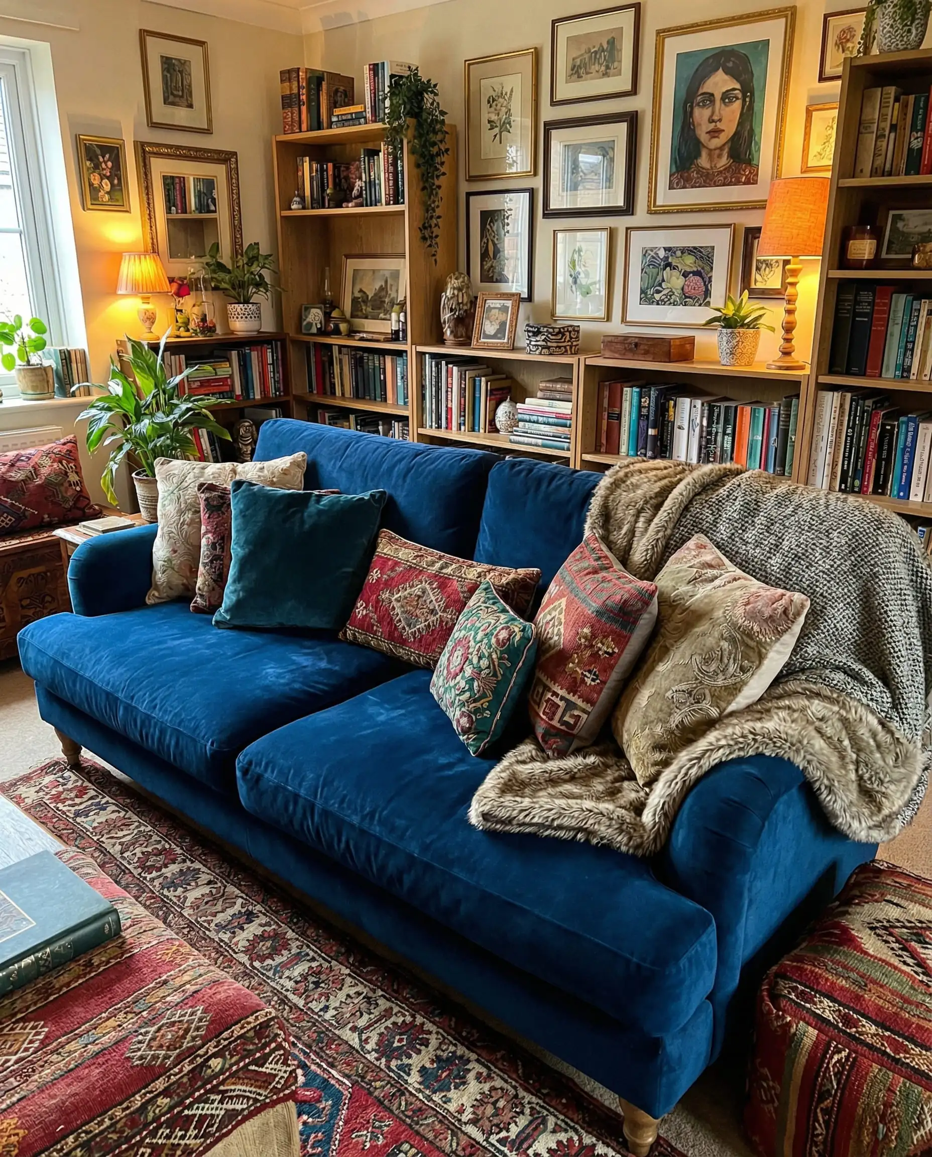 Maximalist styling of a blue 3-seater sofa with layers of three pillows in each corner for a cozy look.