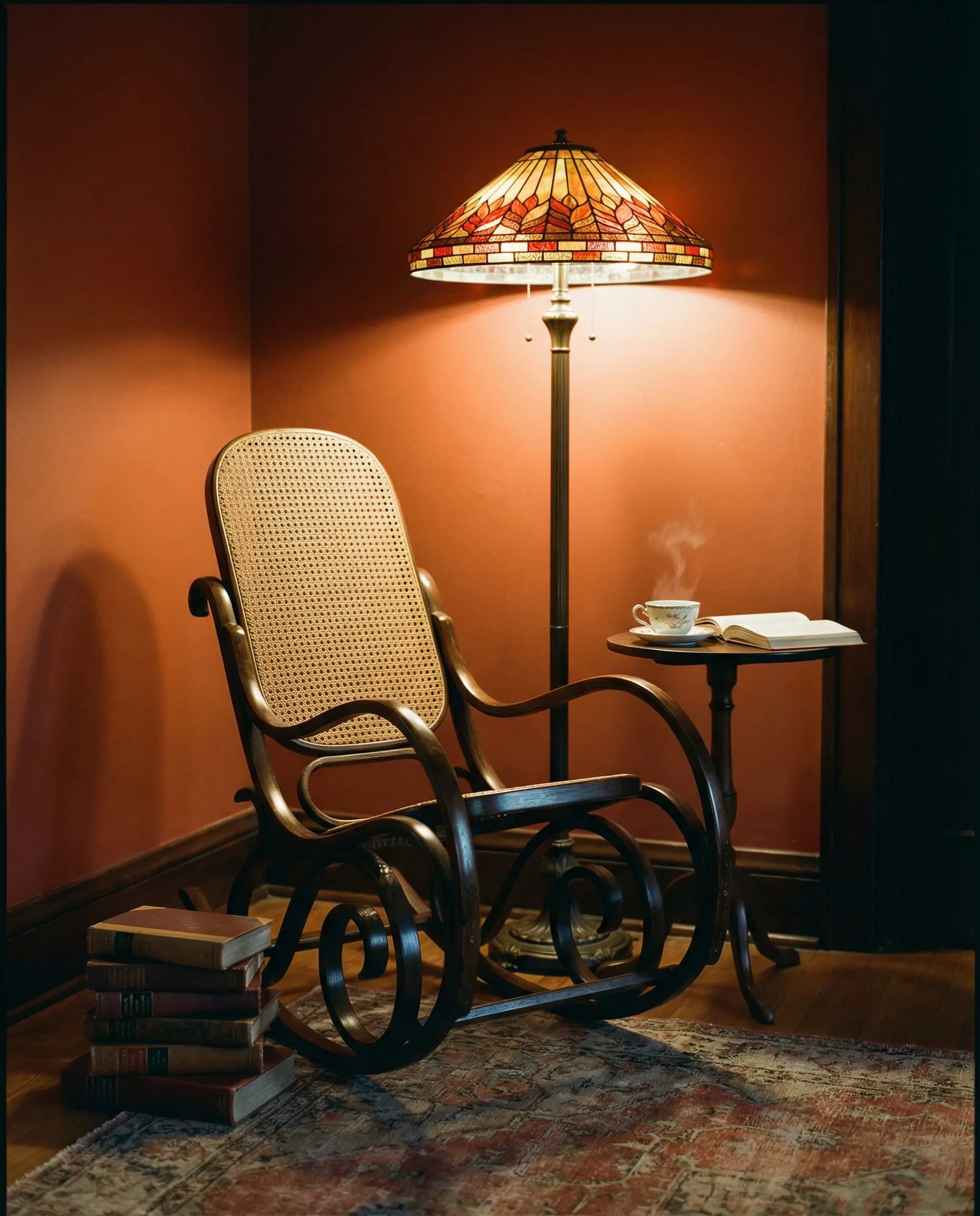 Cozy reading nook featuring a vintage bentwood rocking chair illuminated by a stained glass floor lamp.