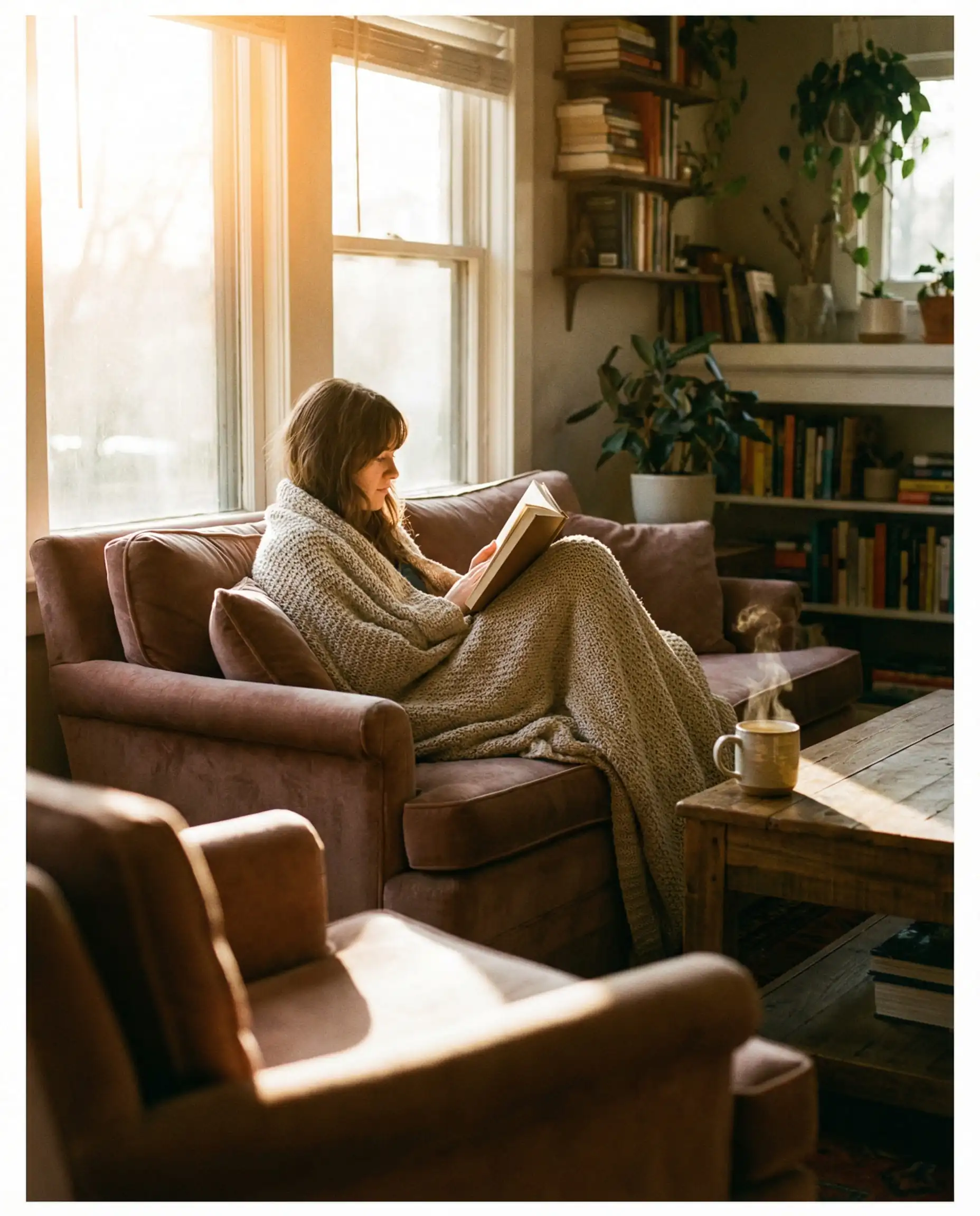 Golden hour shot of a woman reading a book curled up on a sofa in a living room with two sofas.