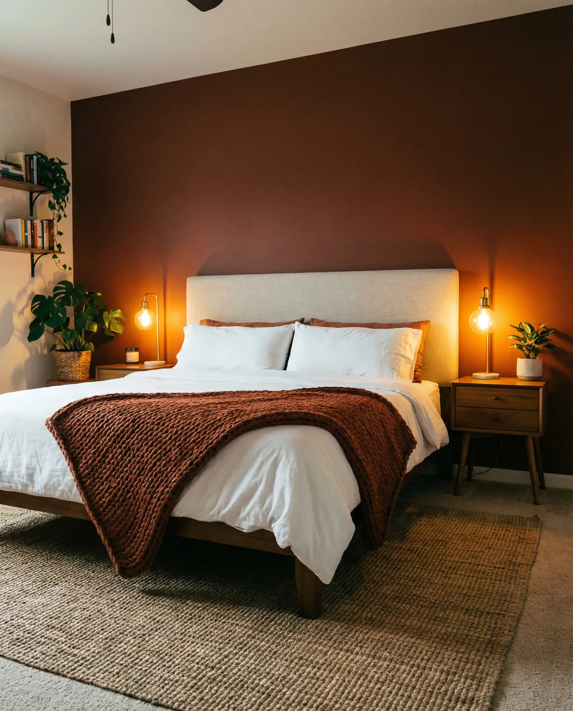 Cozy master bedroom with a dark terracotta accent wall behind the bed and warm bedside lighting.