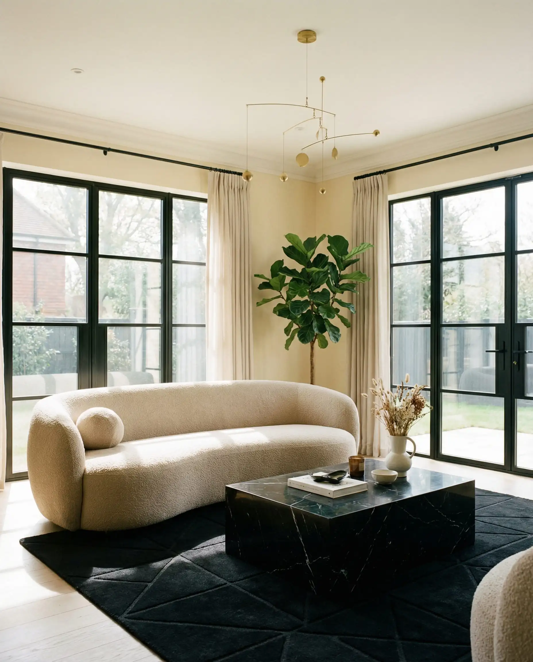 Soft luxury living room with warm cream walls, beige furniture, and sharp black window frames.