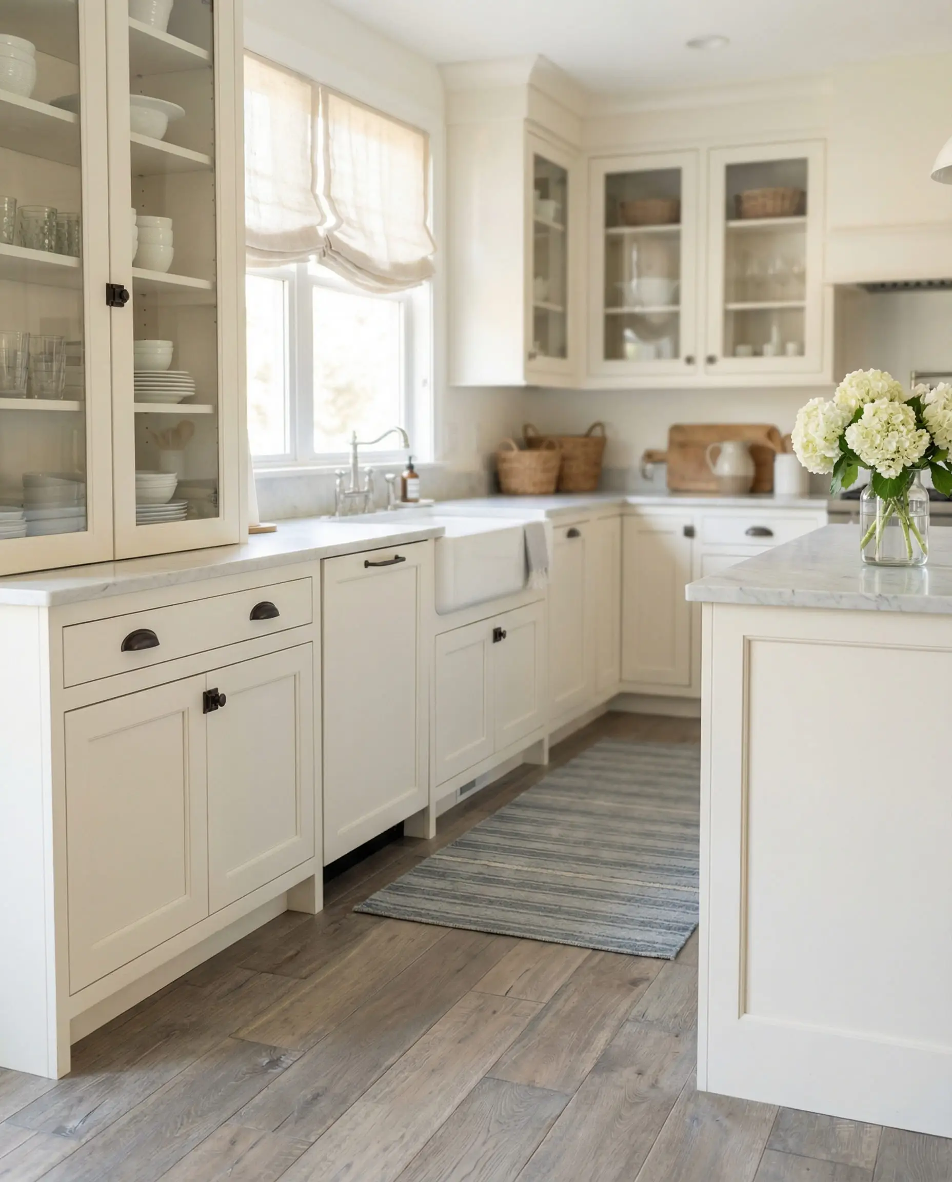 Soft coastal kitchen with creamy white cabinets and light washed driftwood-style gray wood flooring.