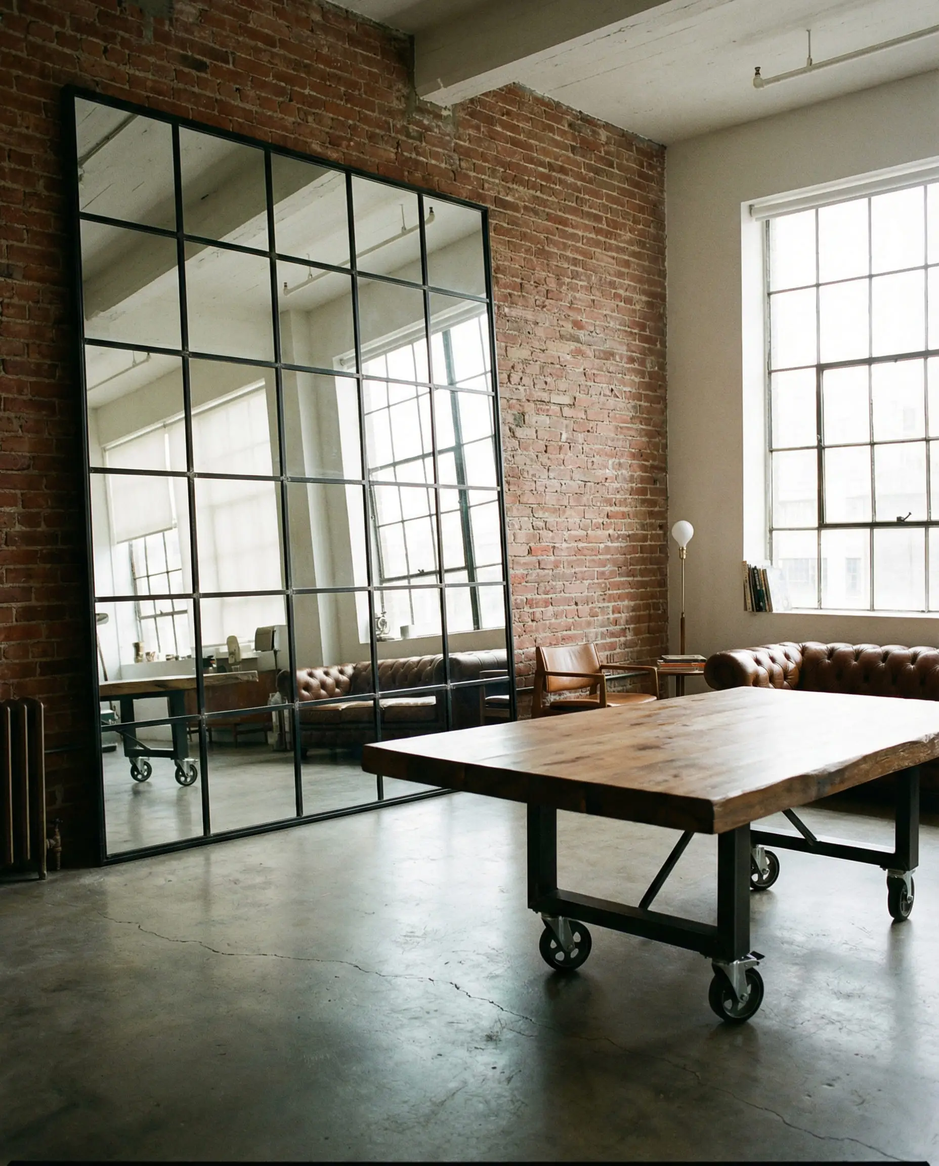 Loft dining area with a large black metal grid mirror leaning against a brick wall.