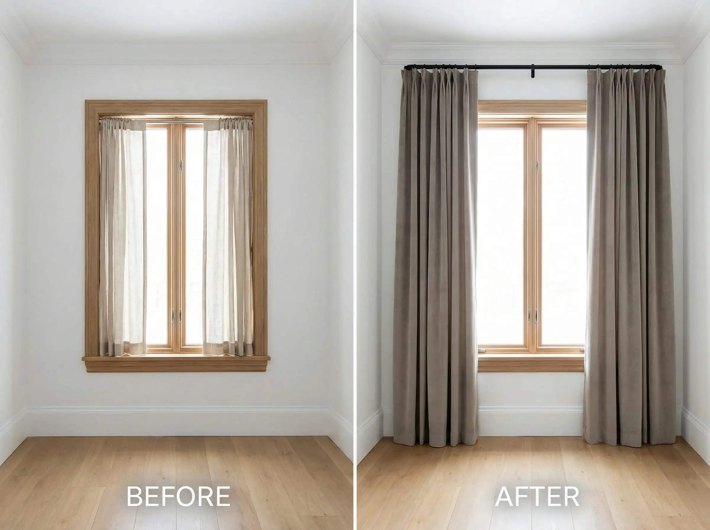 Comparison diagram showing curtains hung low on the frame (wrong) vs high and wide (right) to make the window look larger.