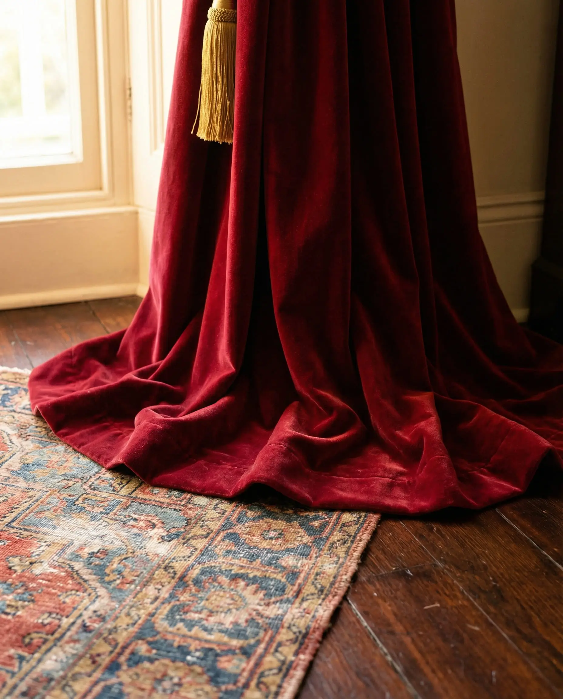 Detail shot of red velvet curtains puddling with excess fabric on a vintage rug.
