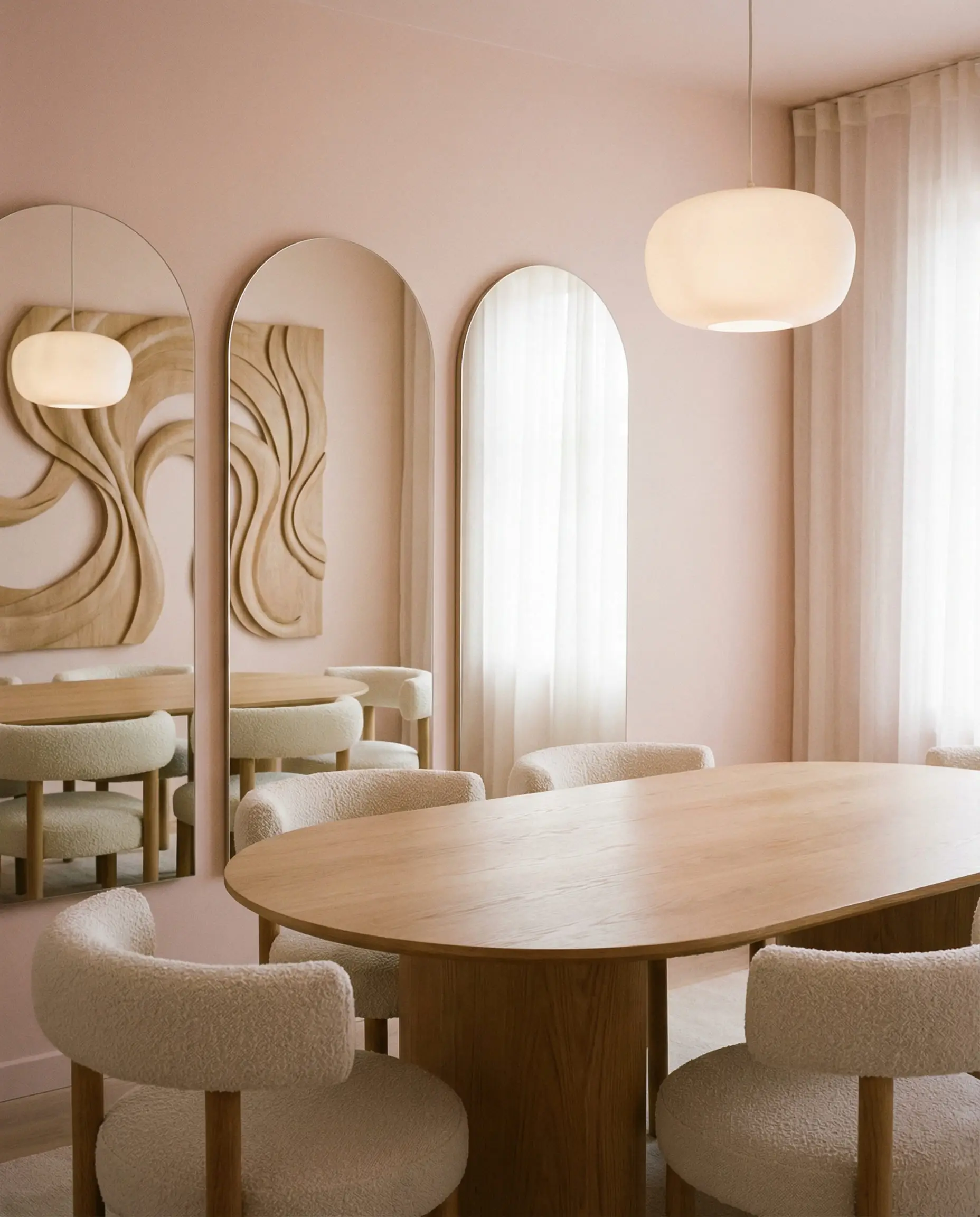 Oval light oak dining table with a wall featuring arched mirrors and curved wooden relief art.