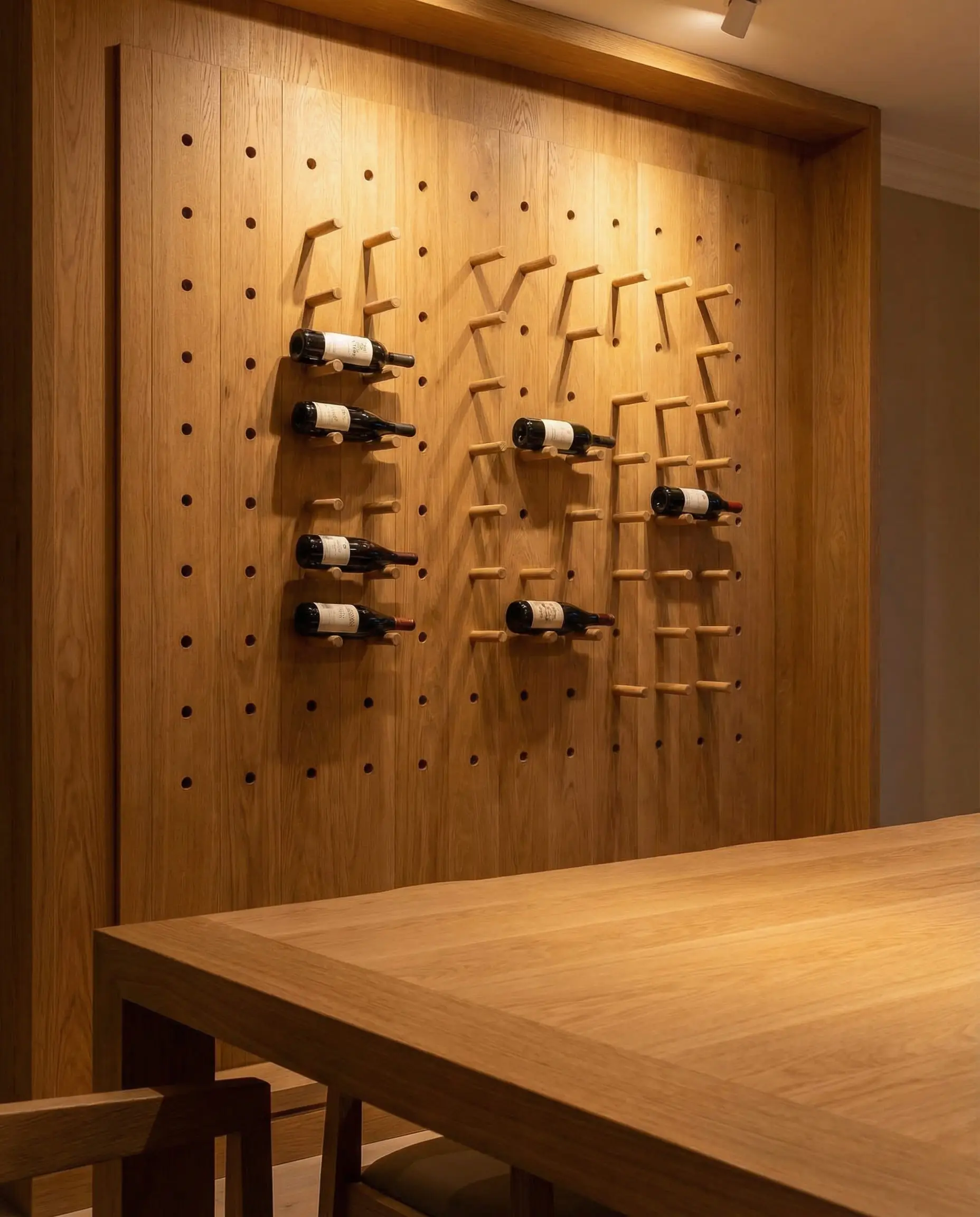 Bespoke white oak wall panel with wooden pegs holding wine bottles, matching the dining table.