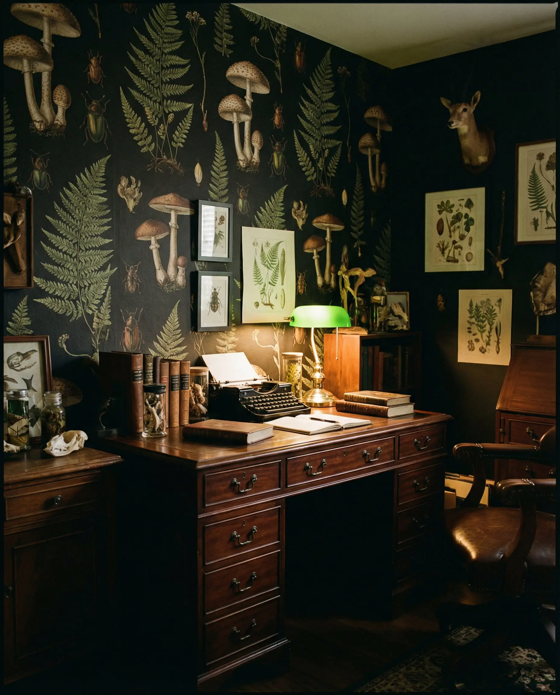 Home office featuring black wallpaper with scientific fern and botanical illustrations.