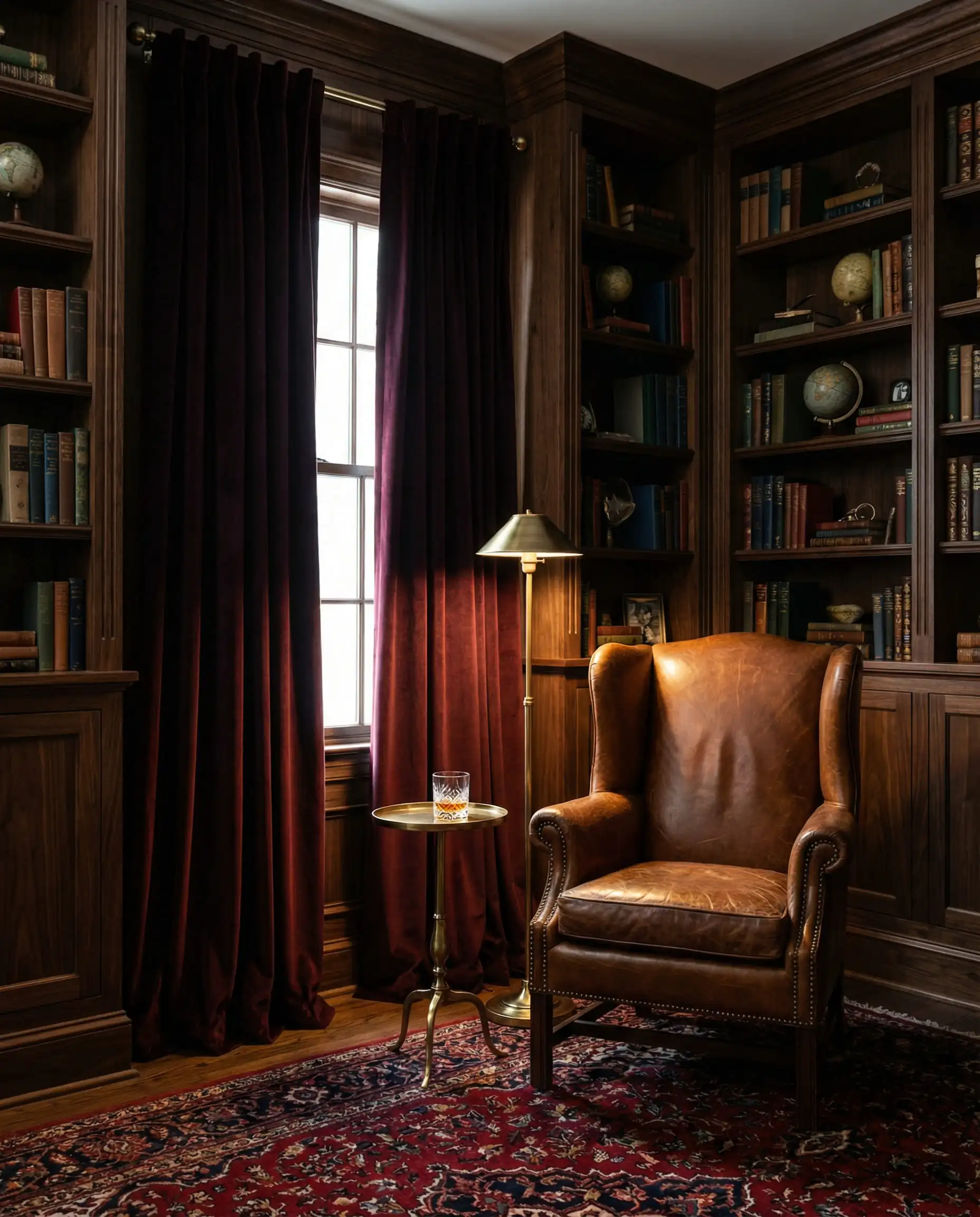 Moody home library featuring dark wood shelving and heavy merlot velvet curtains puddled on a Persian rug.