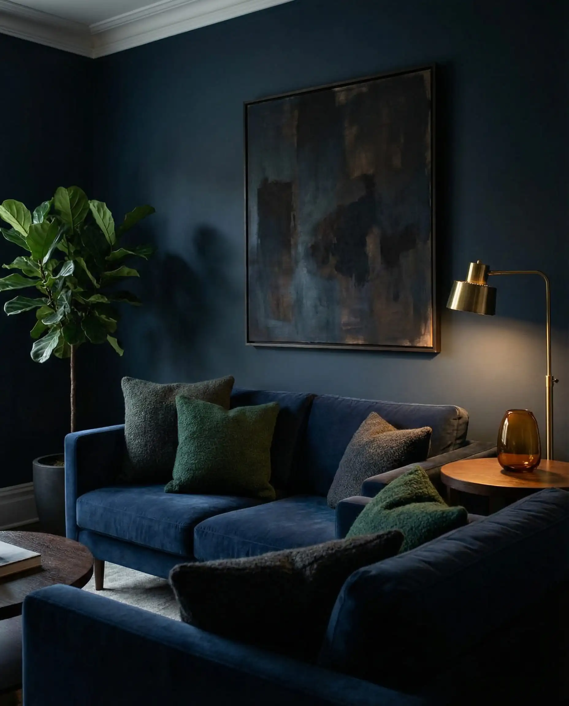 A tone-on-tone living room with a navy couch featuring forest green and charcoal grey wool pillows.