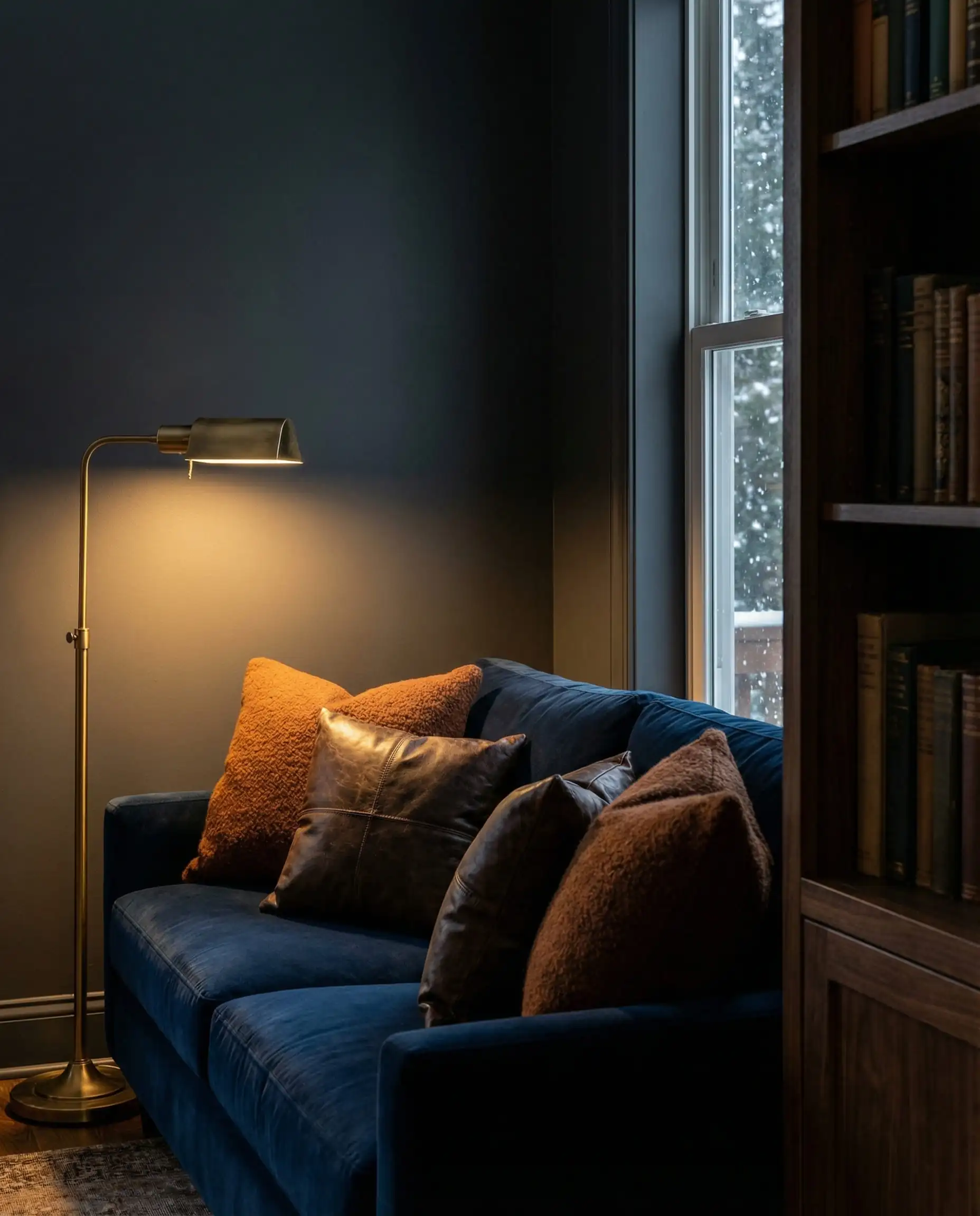 A moody living room corner featuring a midnight blue velvet sofa against a dark charcoal wall, styled with rust and espresso brown wool pillows.