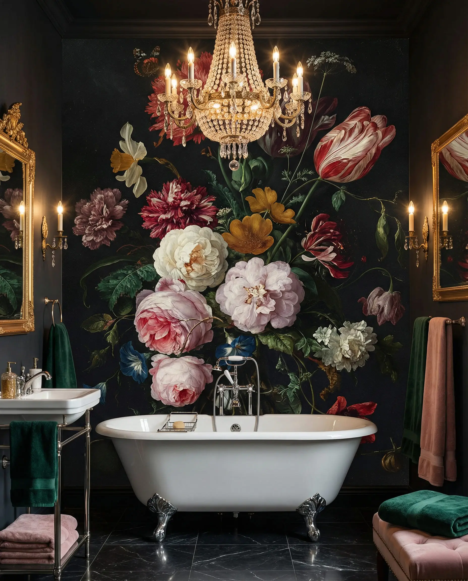 Maximalist bathroom featuring a large-scale dark floral mural wallpaper behind a clawfoot tub.