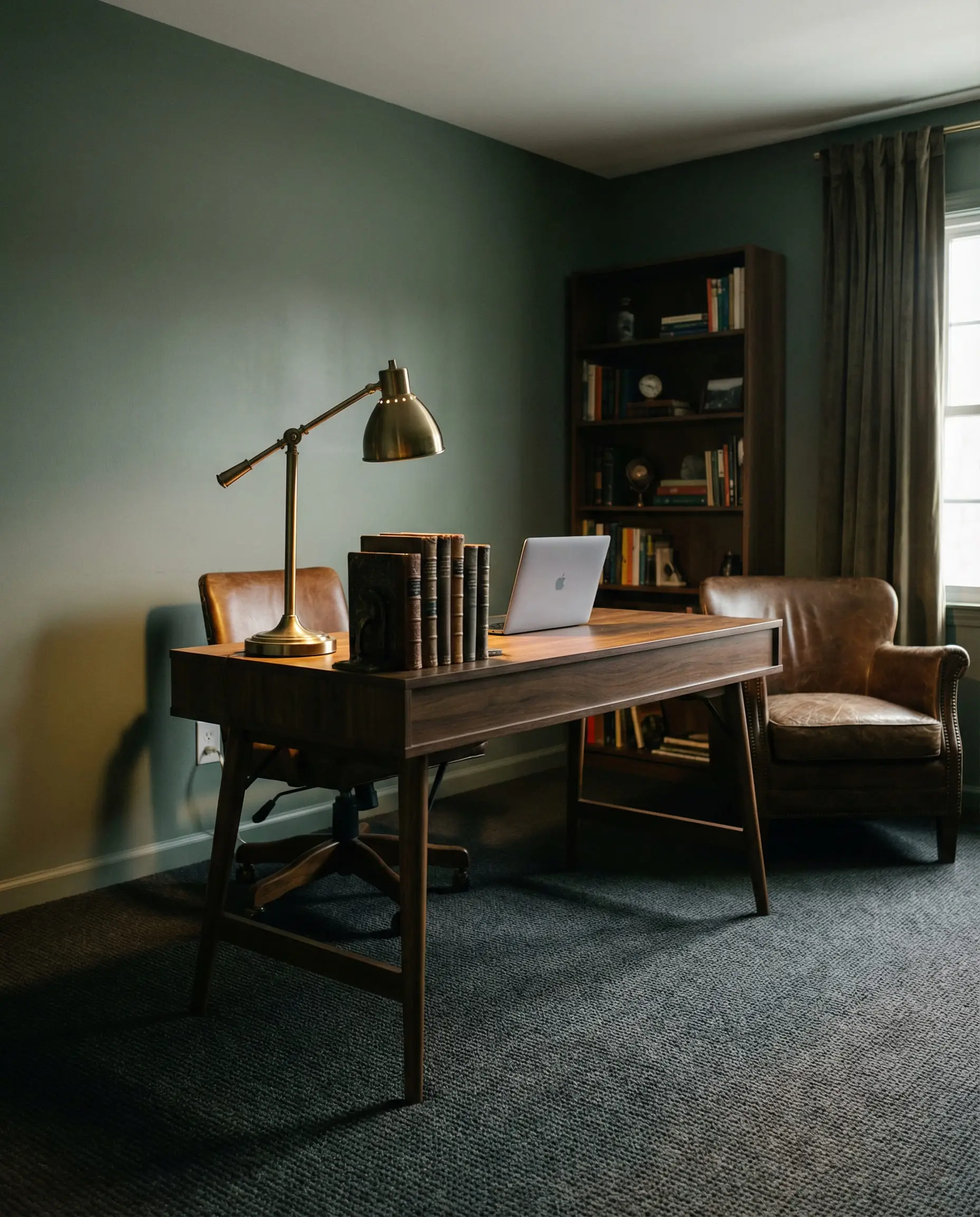 Moody home office with dark sage green Evergreen Fog walls, charcoal gray flooring, and a mid-century walnut desk.