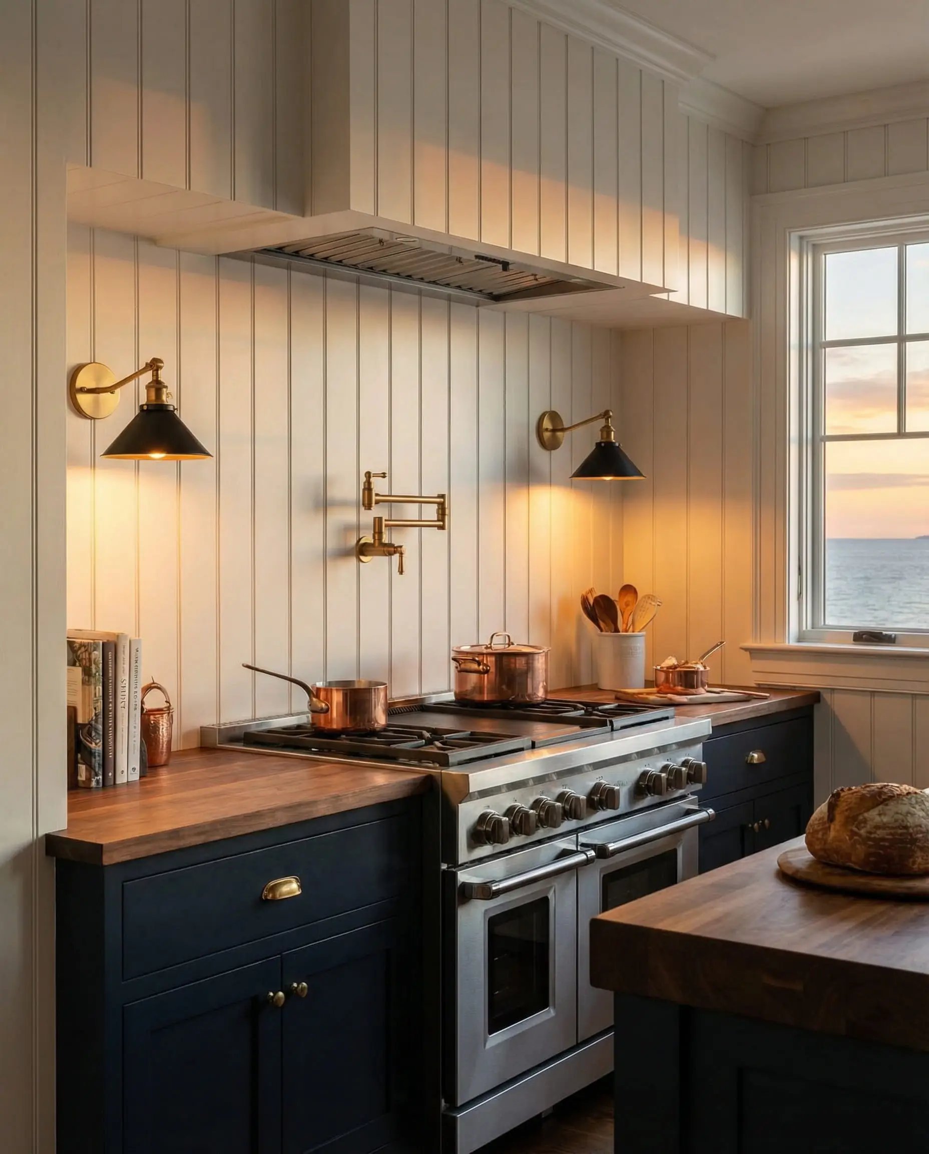 Dark navy-black lower cabinets paired with vertical white shiplap walls and a gold pot filler over the range.