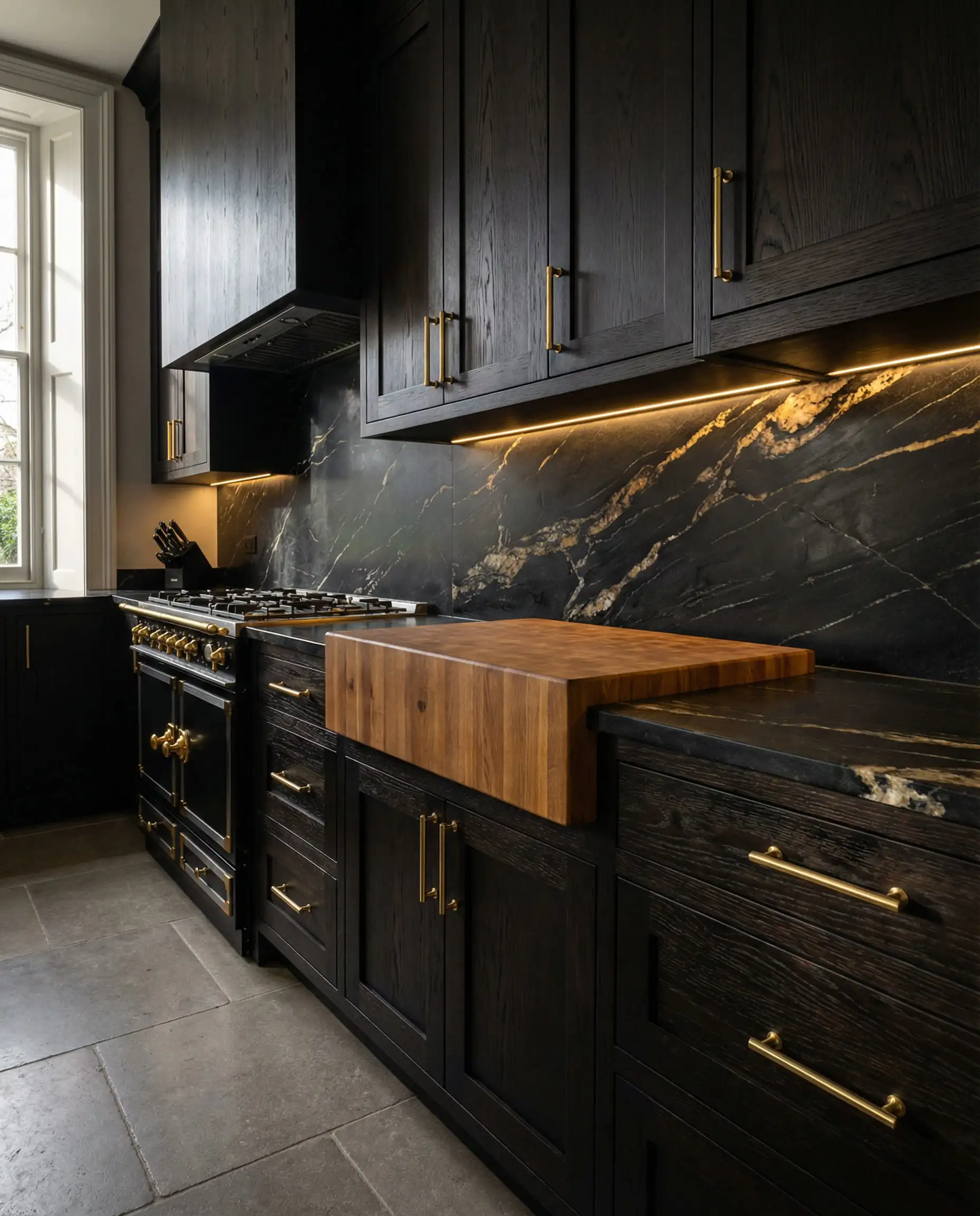 High-end kitchen design with dark stained oak cabinets, black marble backsplash, and brass hardware.