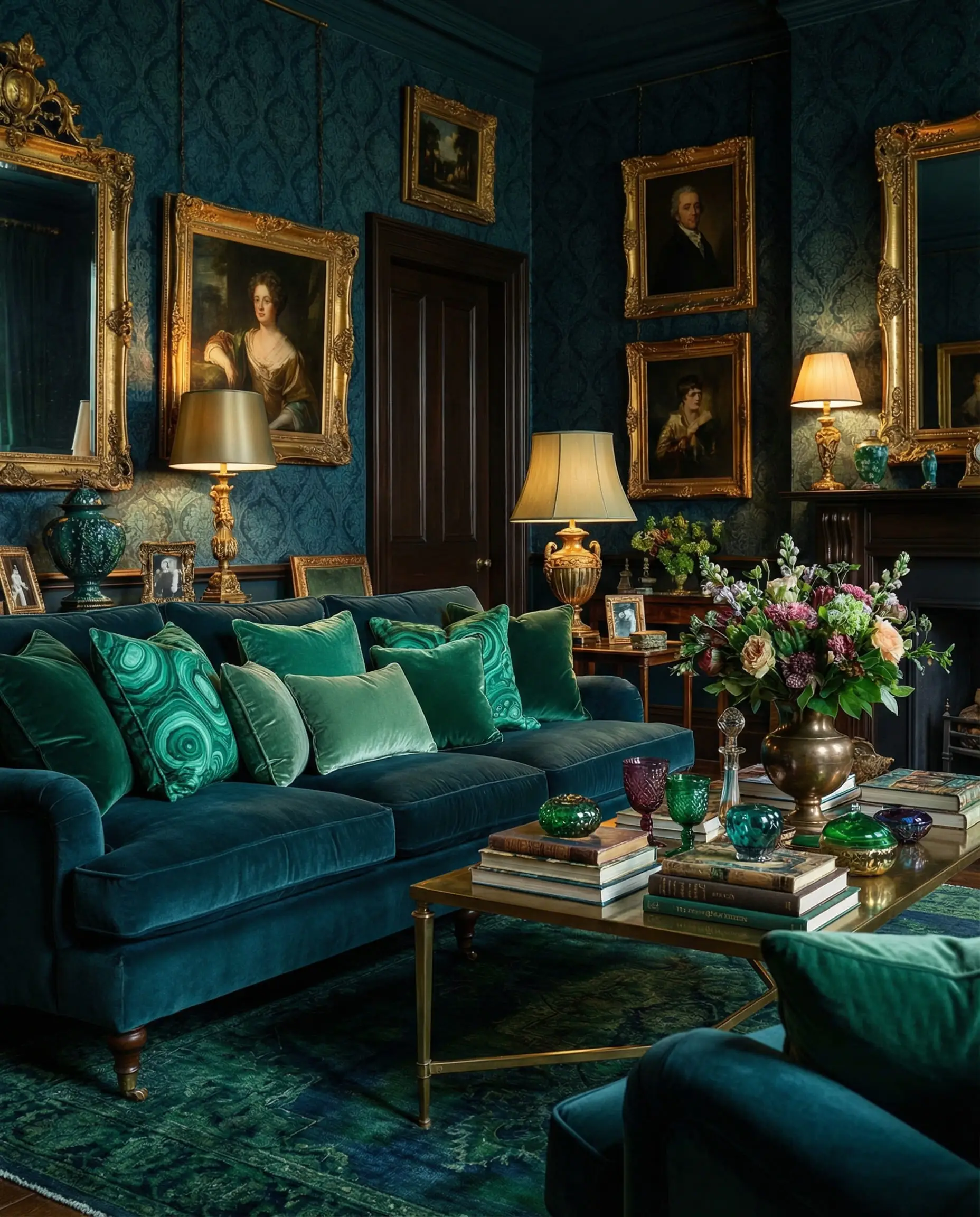 Jewel-toned living room with a dark teal couch layered with emerald green malachite pattern pillows.